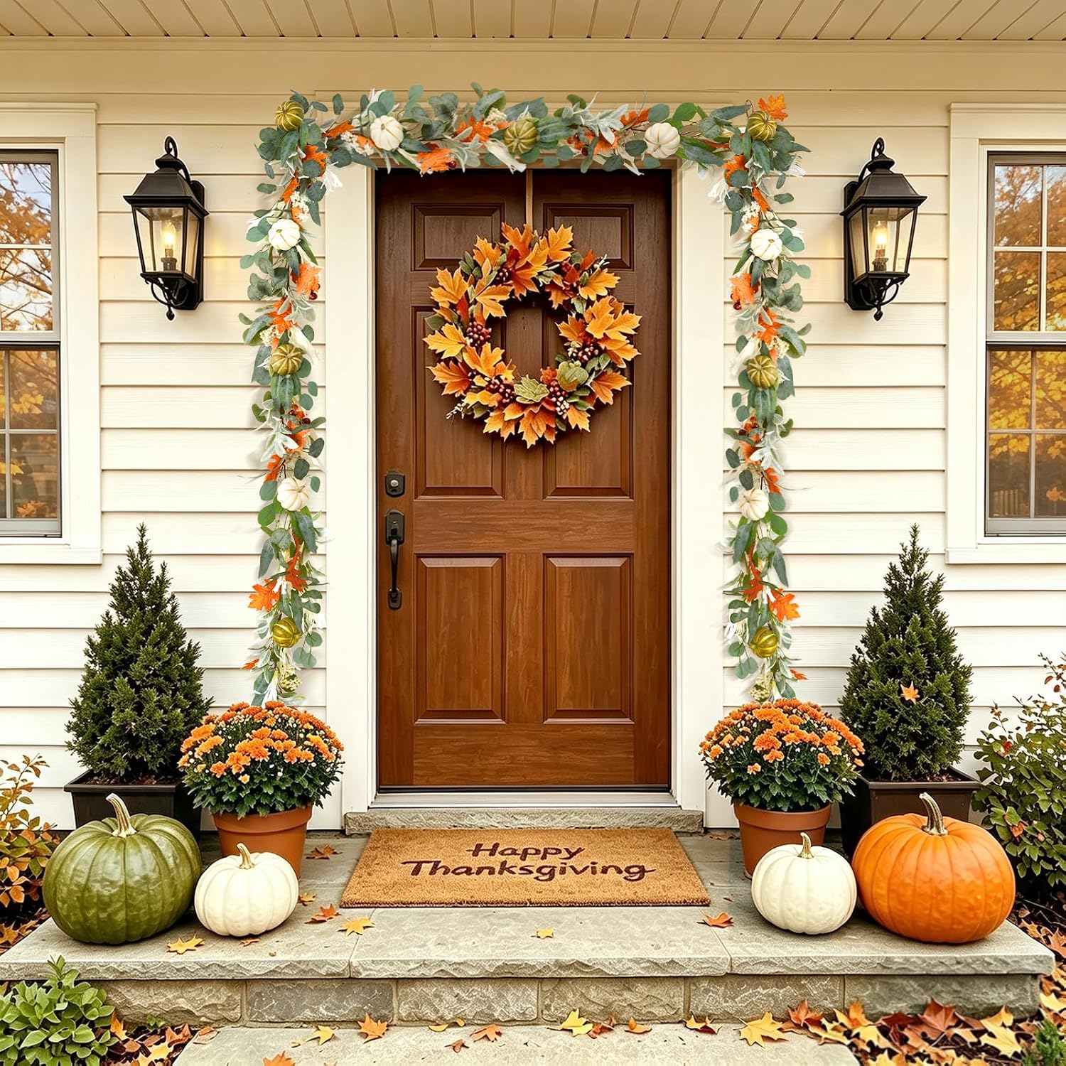 YuQi 6ft Lighted Fall Garland with Timer - Autumn Garland for Mantle
