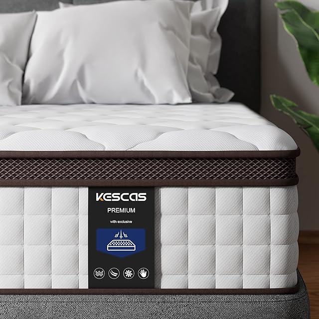 KESCAS 4FT6 Memory Foam Hybrid 25cm Double Mattress - Heavier Coils for Durable Support - Pocket Sprungs for Motion Isolation - Pressure Relieving - Medium Firm - Made in Century-Old Factory