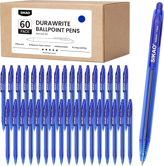 Blue Pens Bulk, 60 Pack Durawrite Retractable Ballpoint Pens | Blue Ink 1.0mm Medium Point Smooth Writing. Ideal Bulk Pens for School, Office, Teachers, Legal & Medical Use.