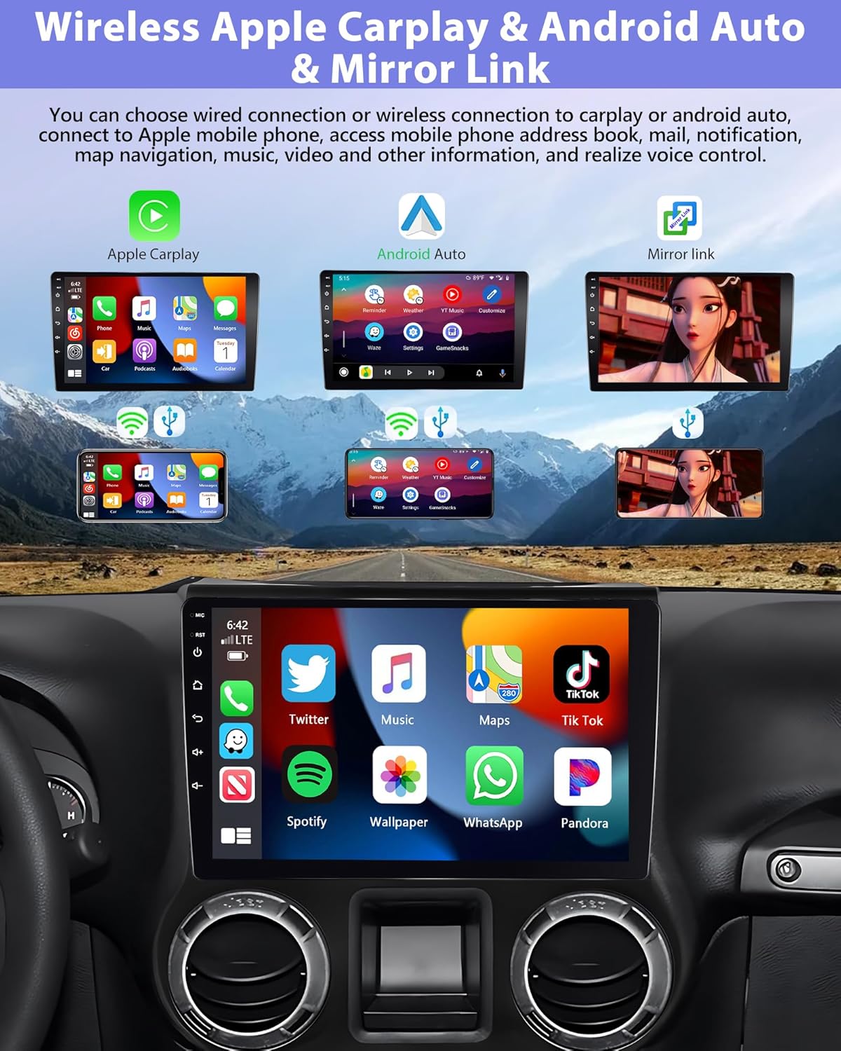 Detailed diagram showing the rear panel of the car stereo with numbered connection points for Power Cable, RCA Cable, USB Cable, Camera Input, and GPS Antenna. Labels indicate the function of each port.