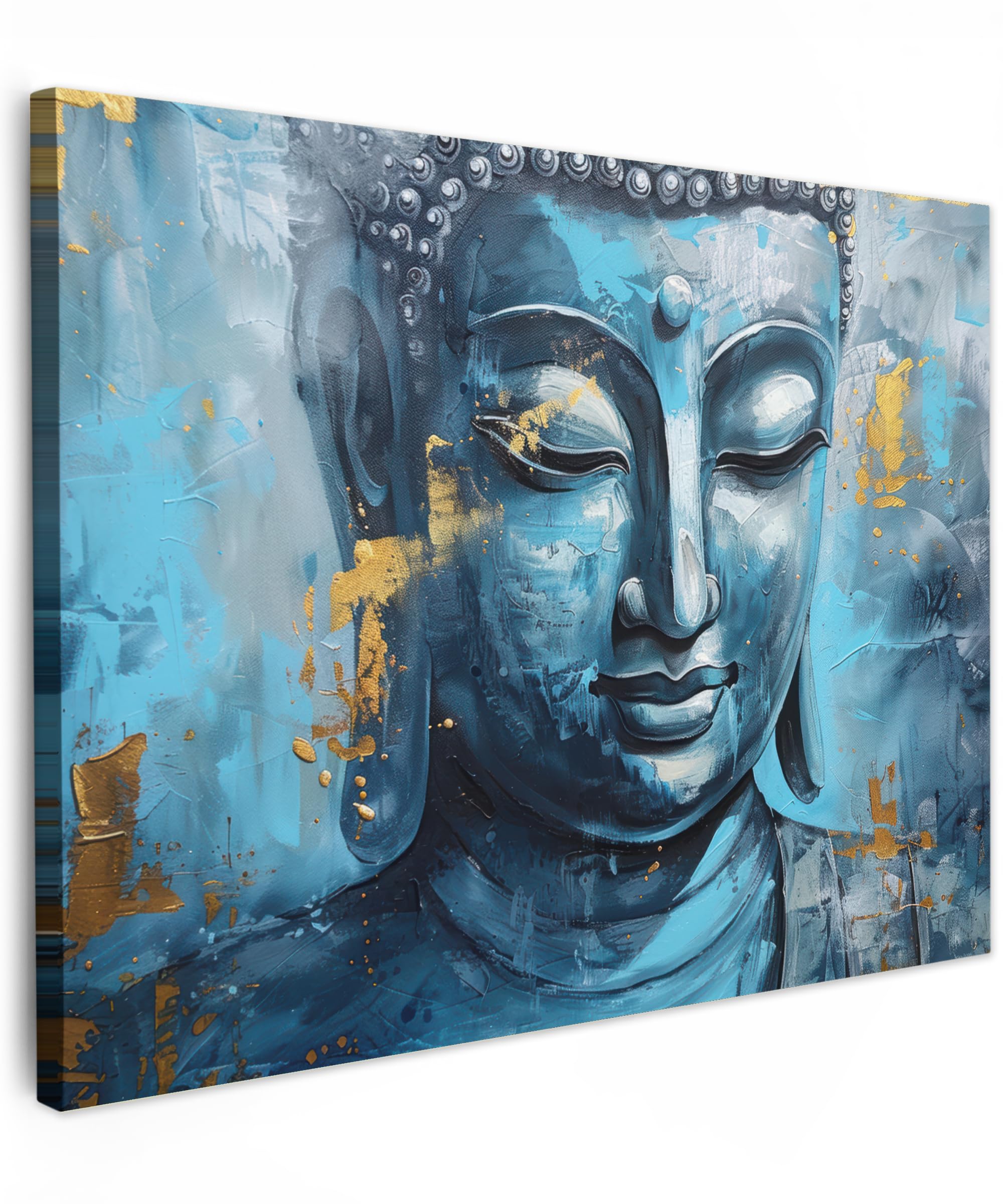 MuchoWow© Leinwand Bilder 40x30 cm Wanddeko Wohnzimmer Aesthetic Room Decor Deko Zimmer Wandbilder Modern Bild auf Leinwand Buddha - Zen - Blau - Gold - Luxus - Kunst