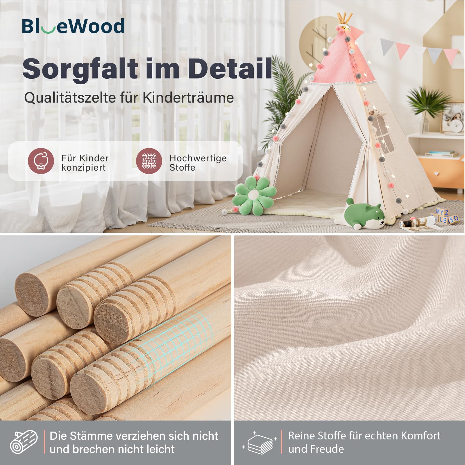 Tipi Enfant BlueWood Avec Lumière Étoilée – Tente Jeu Intérieur Tapis Antidérapant Coussin Drapeaux Crème