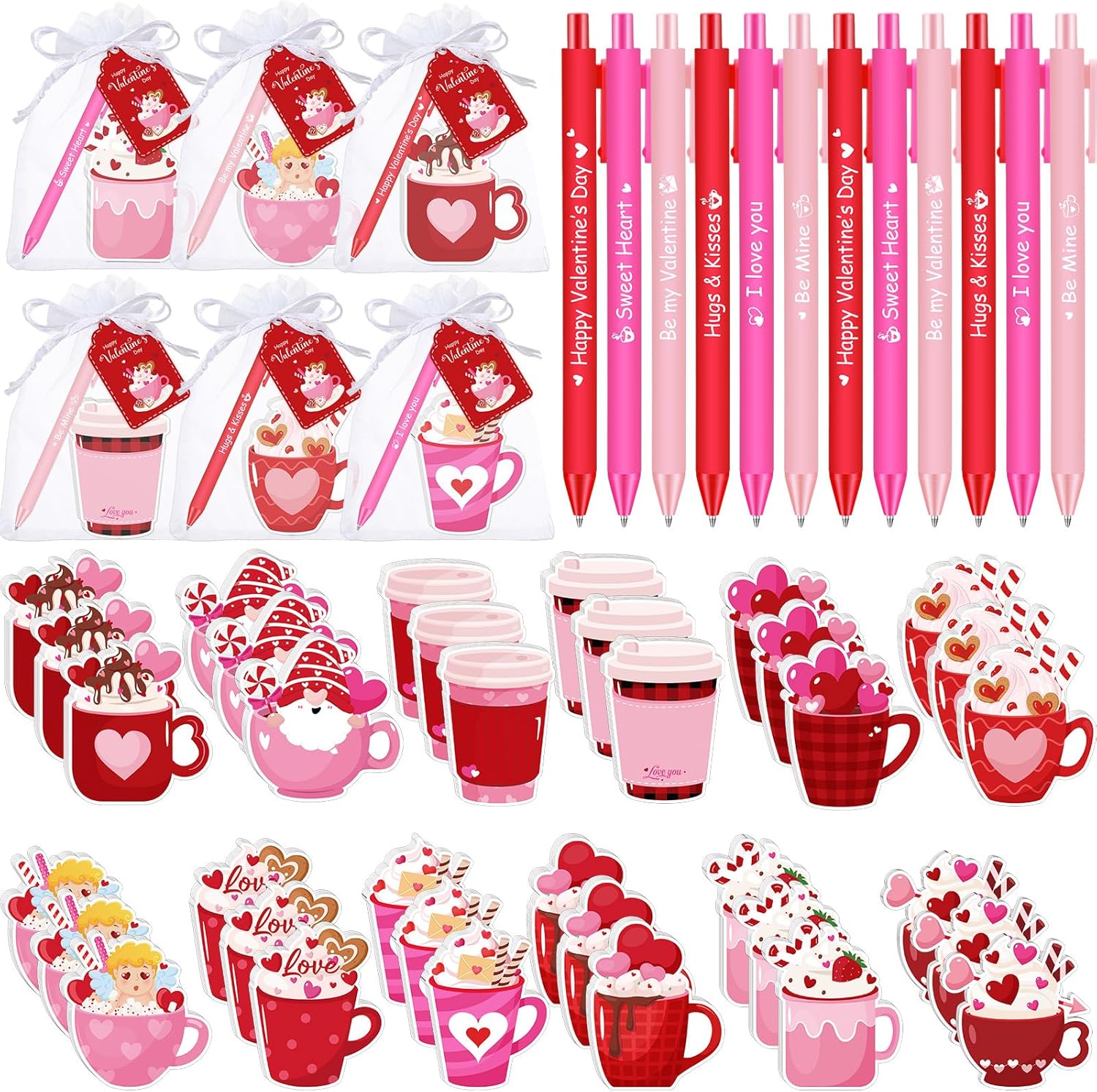 Fullhawl 36 Sets Valentine's Day Sticky Notes with Pens Set Valentines Coffee Cup Notepad Hot Cocoa Self Stick Memo Pads with Tags Organza Bags for Valentines Day Exchange Gifts School Office Supplies