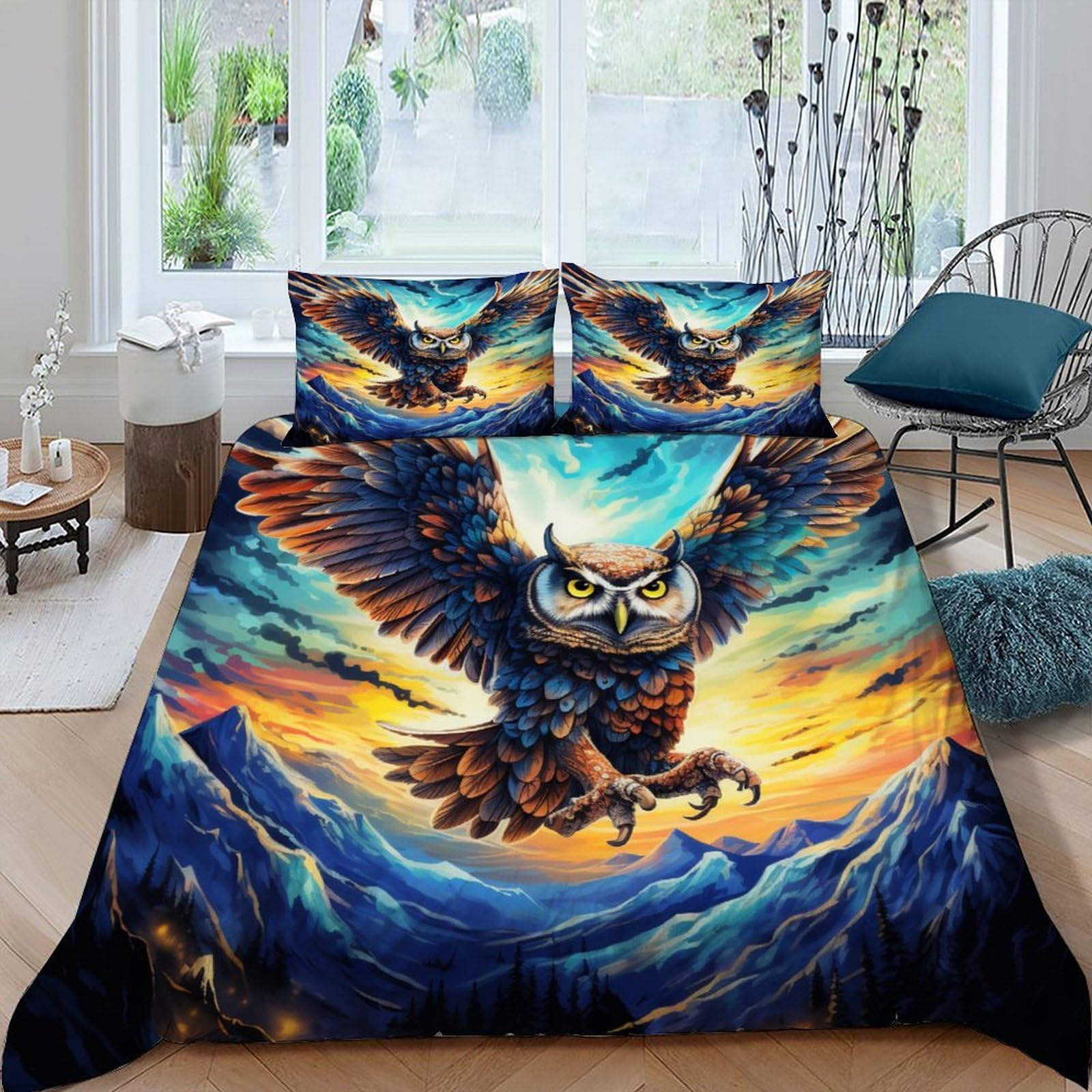 Housse de couette 220x240 owls avec taies d'oreiller en microfibre motif wild animals pour lit king