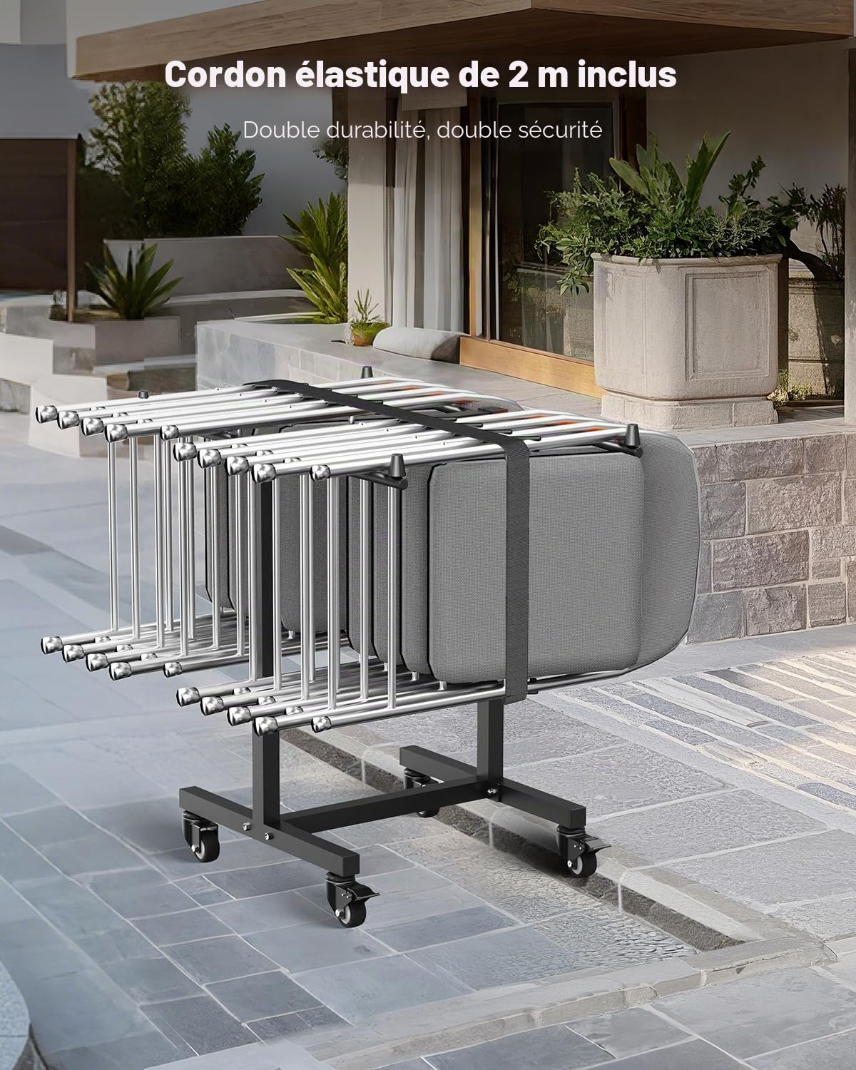 VEVOR Chariot de Chaise Pliante, Capacité de Charge 90 kg, Support Robuste pour 14 Chaises, Organiseur de Rangement Multifonction Métallique en Forme de T avec Roues, pour Salle à Manger, Noir Mat