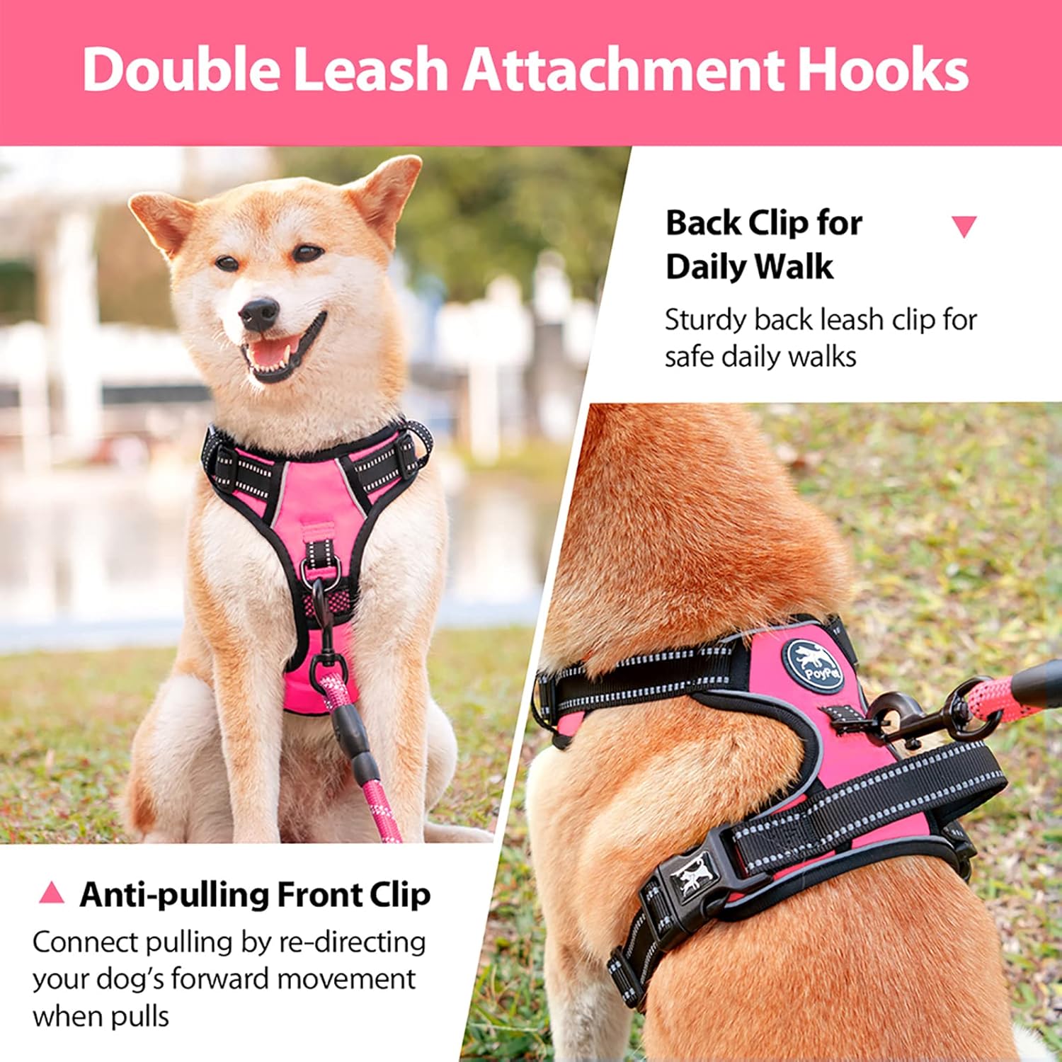 PoyPet No Pull Dog Harness, No Choke Front Lead Dog Reflective Harness, Adjustable Soft Padded Pet Vest with Easy Control Handle for Small to Large Dogs(Pink,S) S Pink