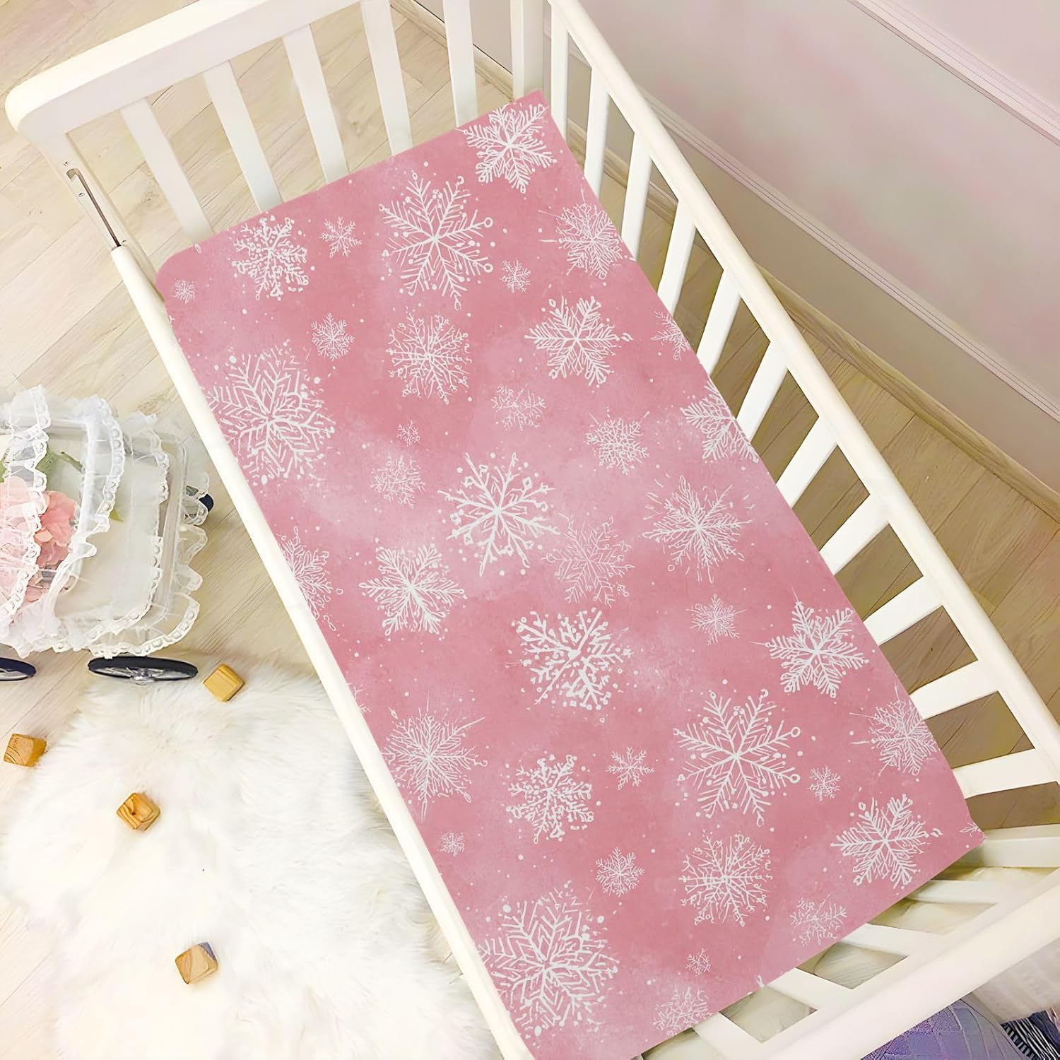 Pfrewn Christmas Crib Sheets for Boys Girls Pink Retro Snowflakes Fitted Crib Sheet Fits Standard Crib Mattress Pads Winter Pattern Stretch Soft Toddler Baby Sheet,52x28IN