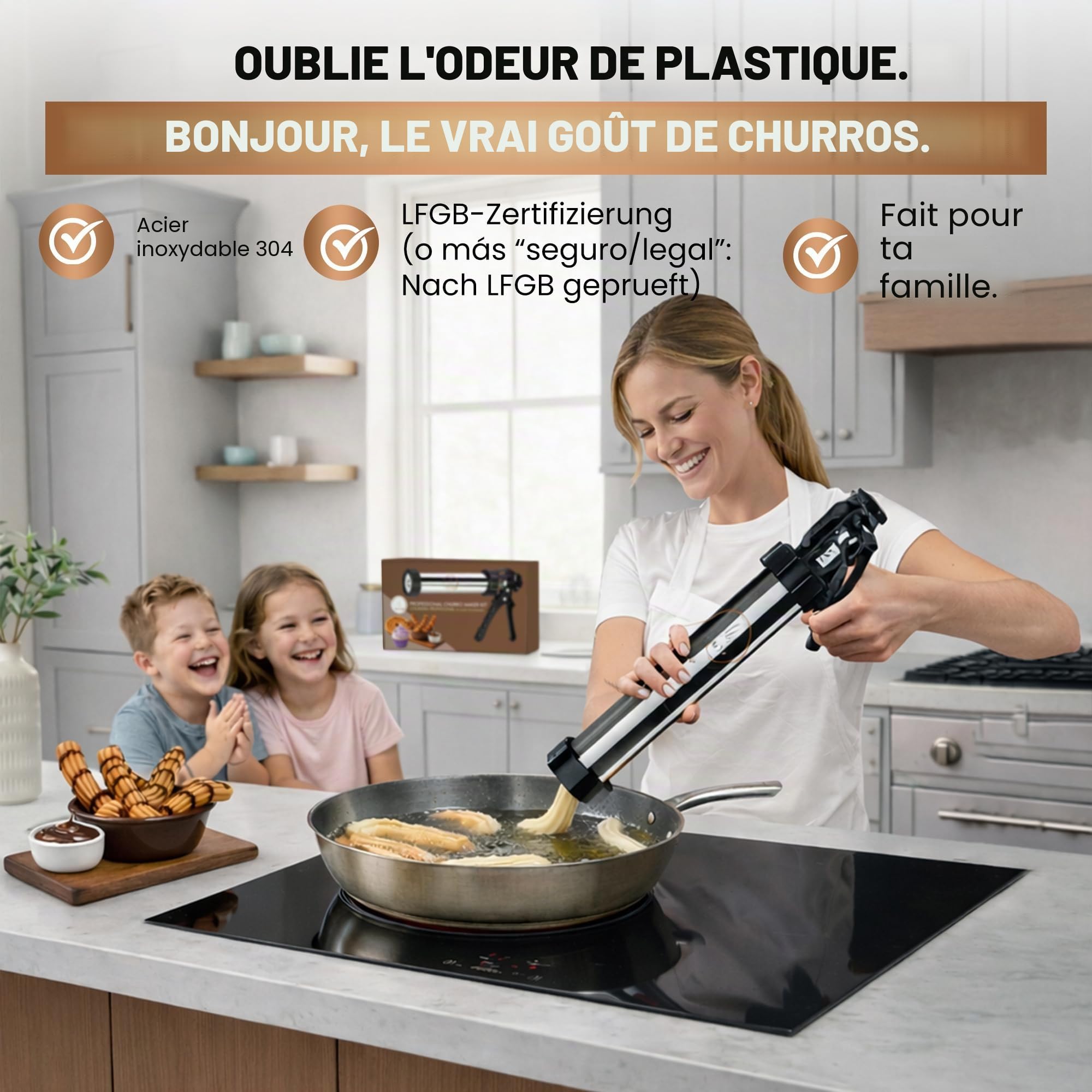 Appareil à Churros Acier Inoxydable 304 - Kit Machine à Spritz et Presse à Biscuits, Poche à Douille, 7 Douilles, 8 Disques (Chichis & Sablés), Livre Recettes