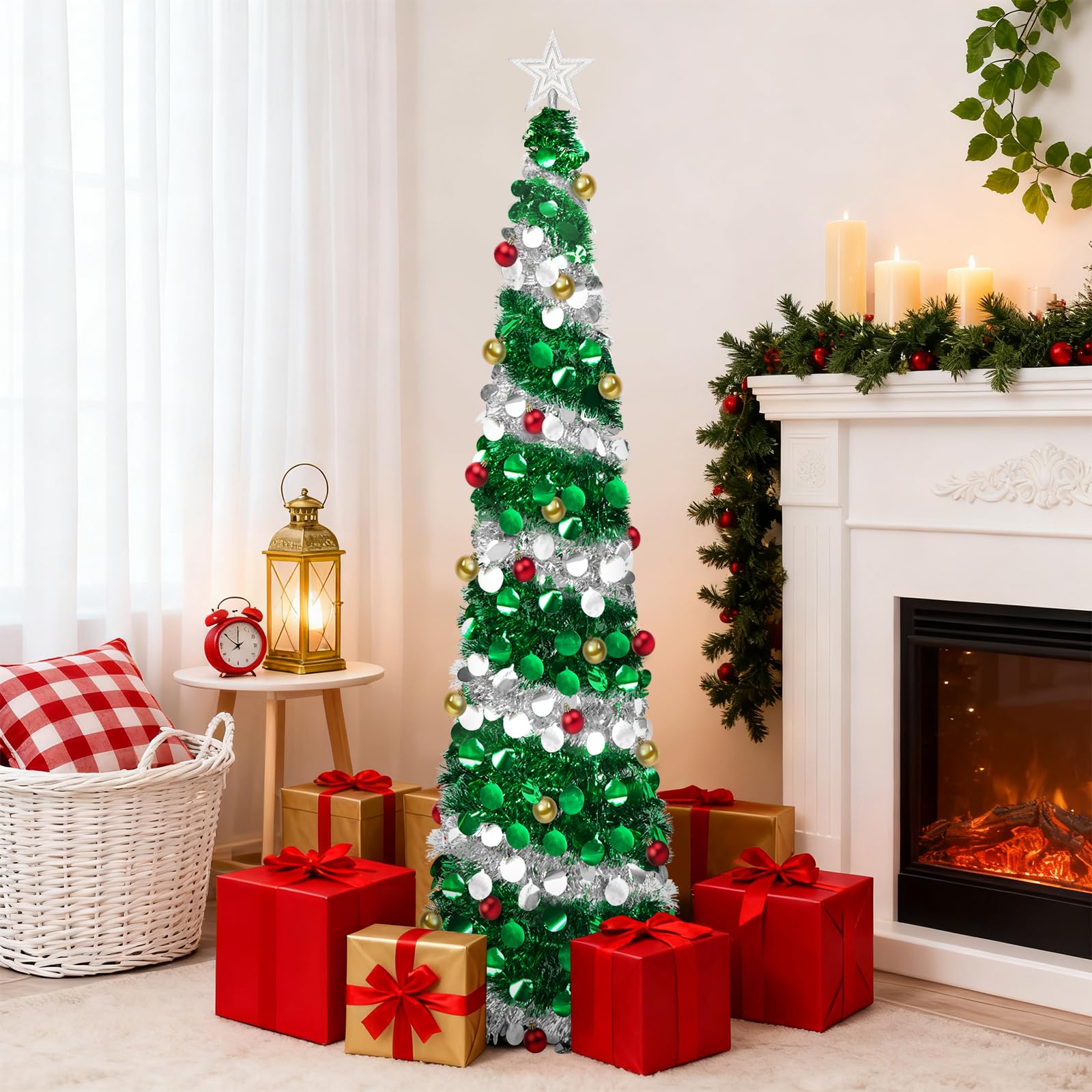 Sapin de Noël Artificiel Pliable de 180 cm | avec boules d'étoiles et support,pour décoration de Noël, vert + argent, décoration de maison, bureau