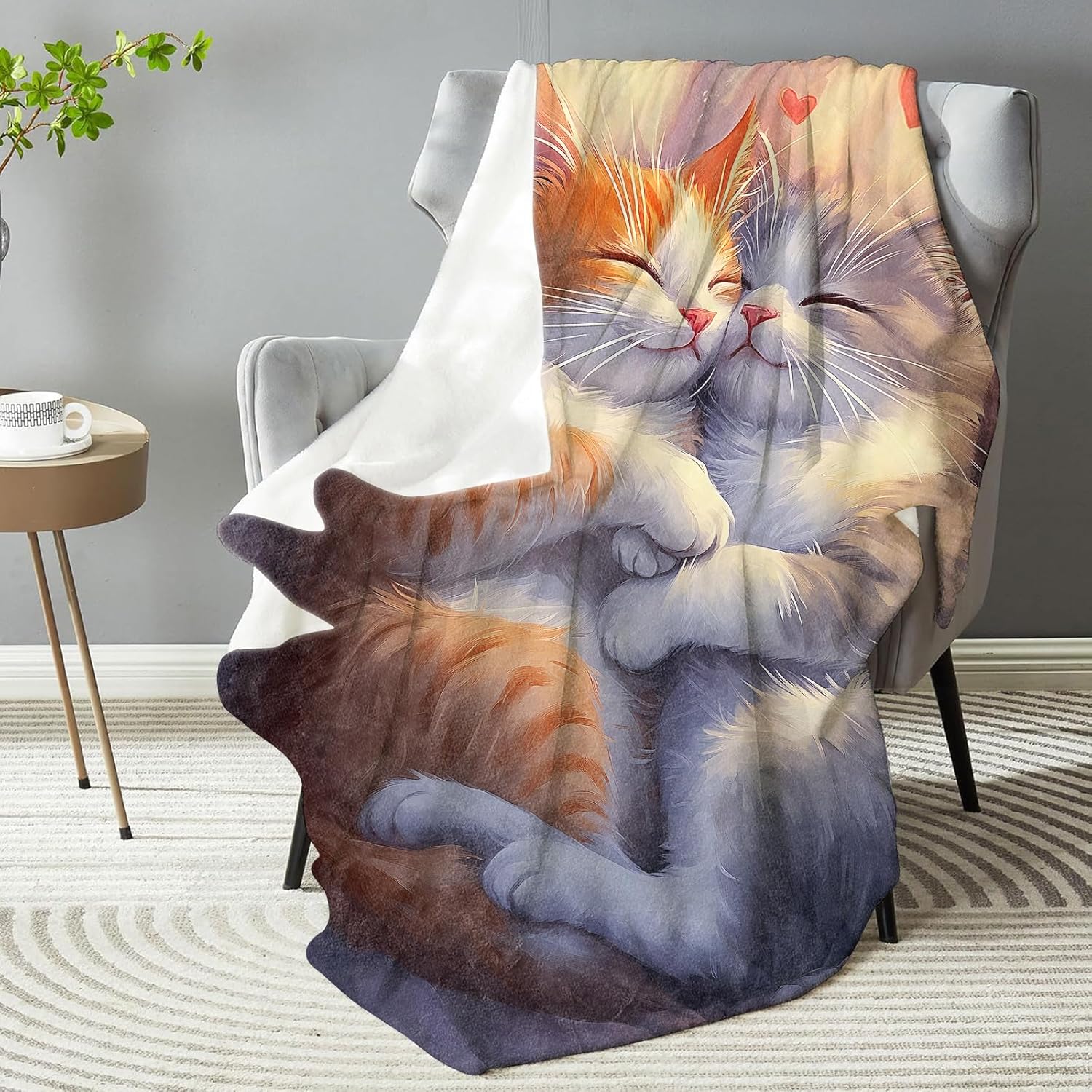 Adorable Cat Couple Blanket,Valentine's Decorative Throw with Cute Kitten and Heart,Lightweight Flannel Blankets for Dorm Living Room Office,Ideal Gifts for Pet Lovers Adults 50"x60" - Image 2