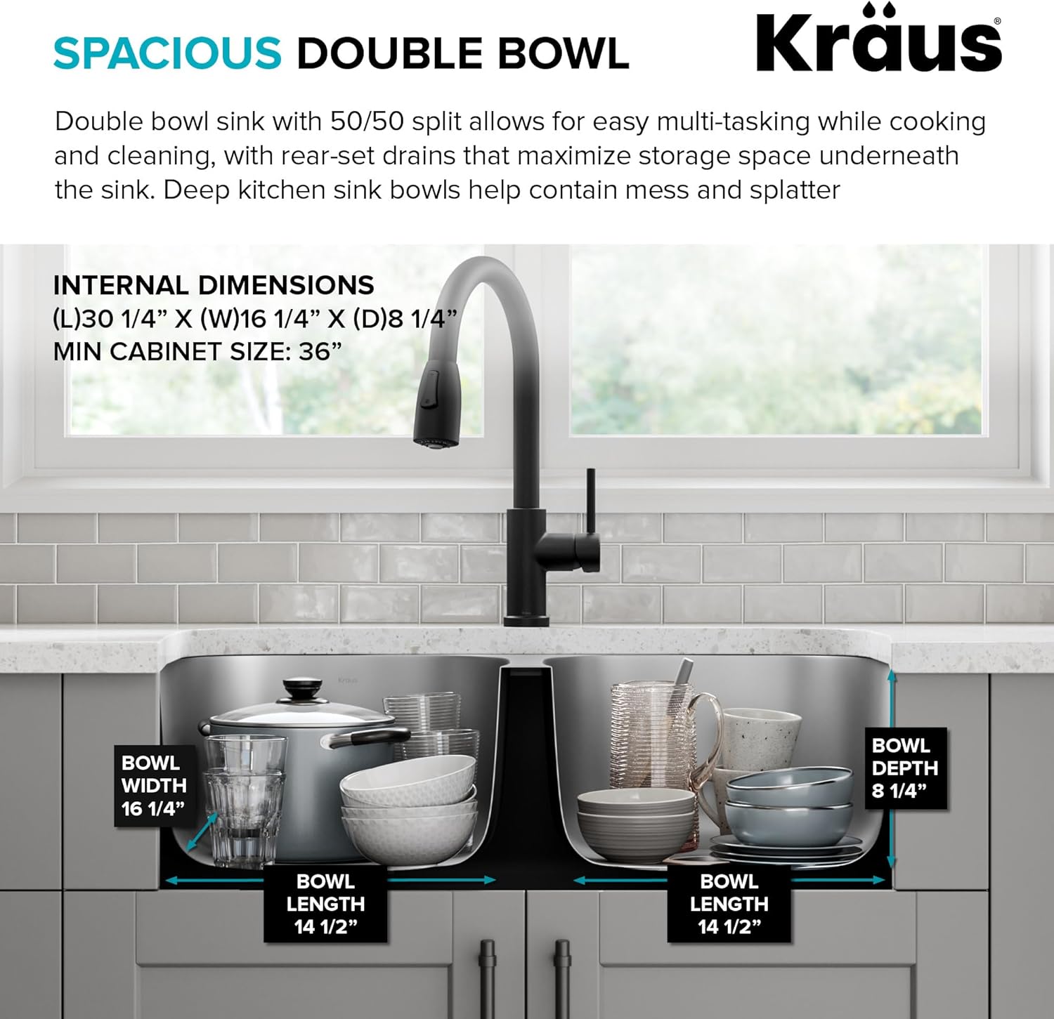 KRAUS Premier 32-inch Undermount 50/50 Double Bowl 18-Gauge Stainless Steel Kitchen Sink with Strainers (x2), KBU22