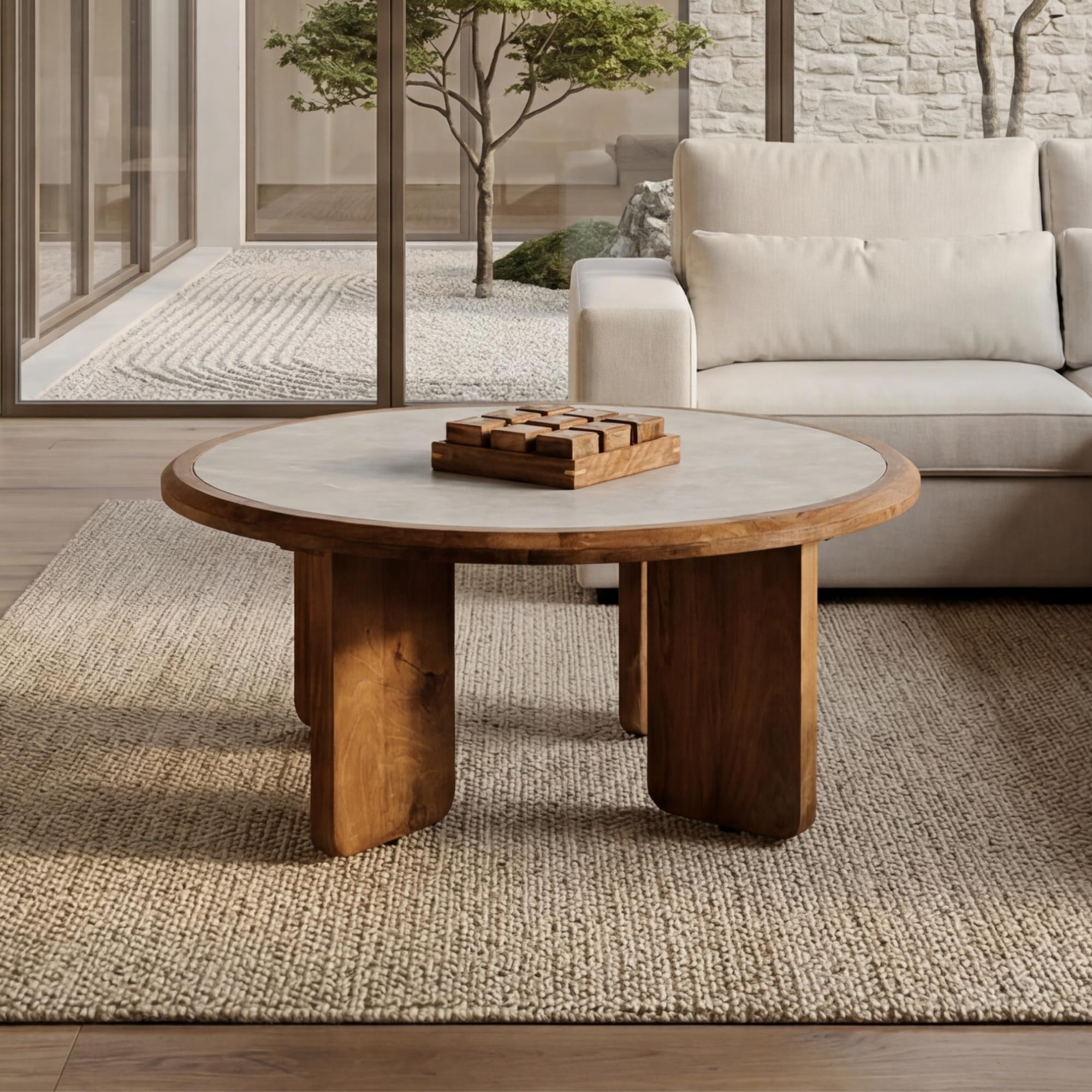 Table Basse Ronde Mira – Table Basse en marbre et Bois pour Salon – Élégance Naturelle et Usage Quotidien – Plateau marbre Blanc et Pieds en manguier – Design Chic et Intemporel