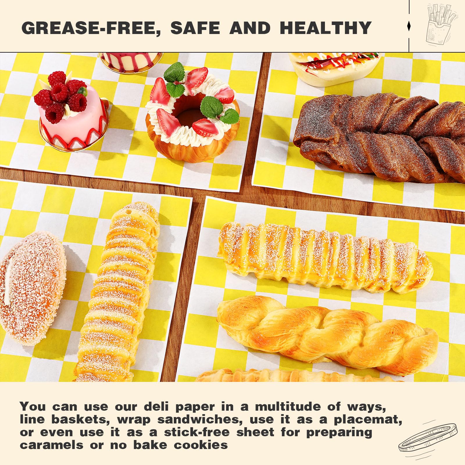 Colarr 1000 fogli di carta cerata, 38 x 38 cm, grandi fogli di carta da imballaggio a scacchi, per hamburger, pane, ristorante, barbecue, picnic (giallo)