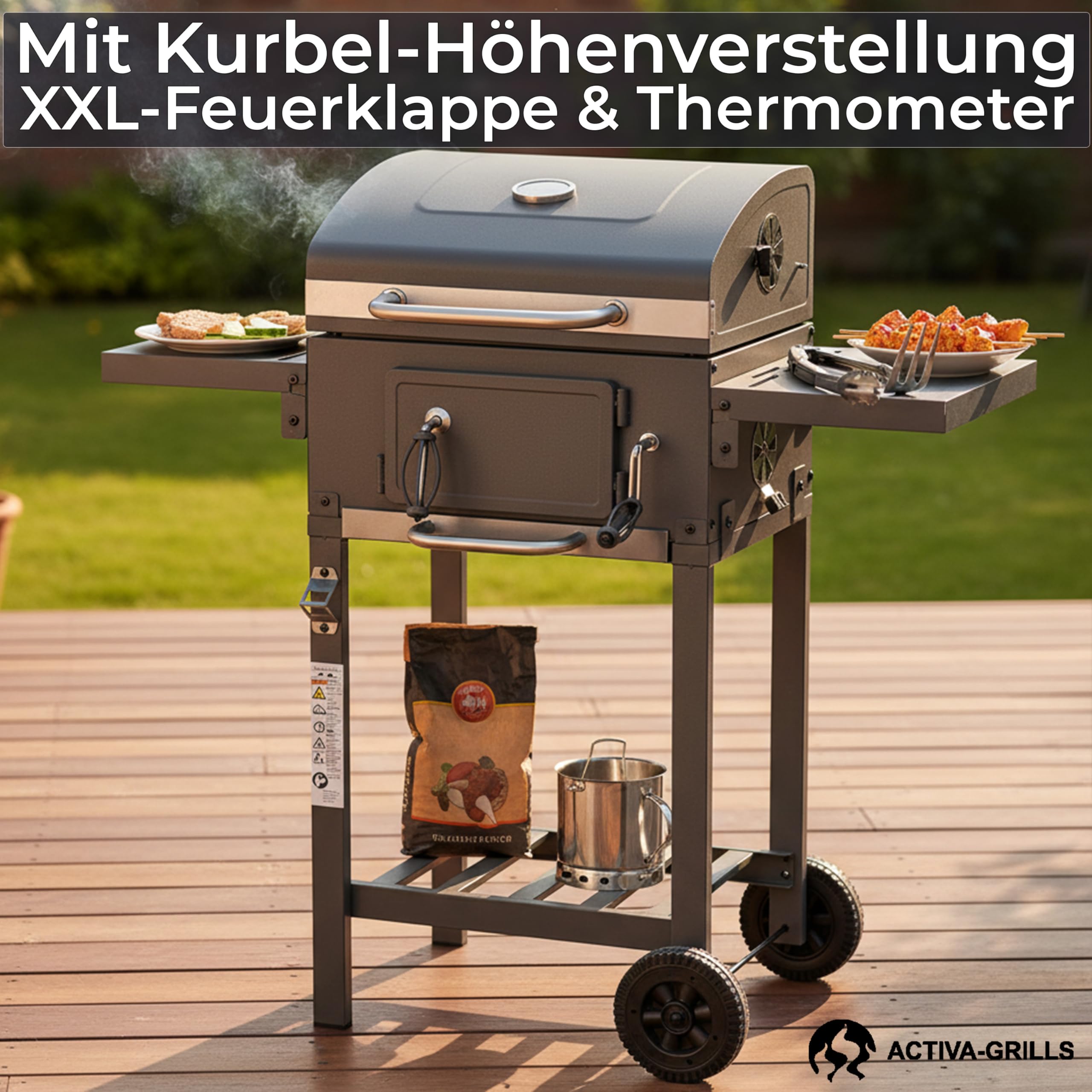 ACTIVA Holzkohlegrill Angular Smart I Holzkohlegrill mit Deckel, verstellbarer Kohlewanne & Thermometer I Grillwagen für ein gelungenes Barbecue