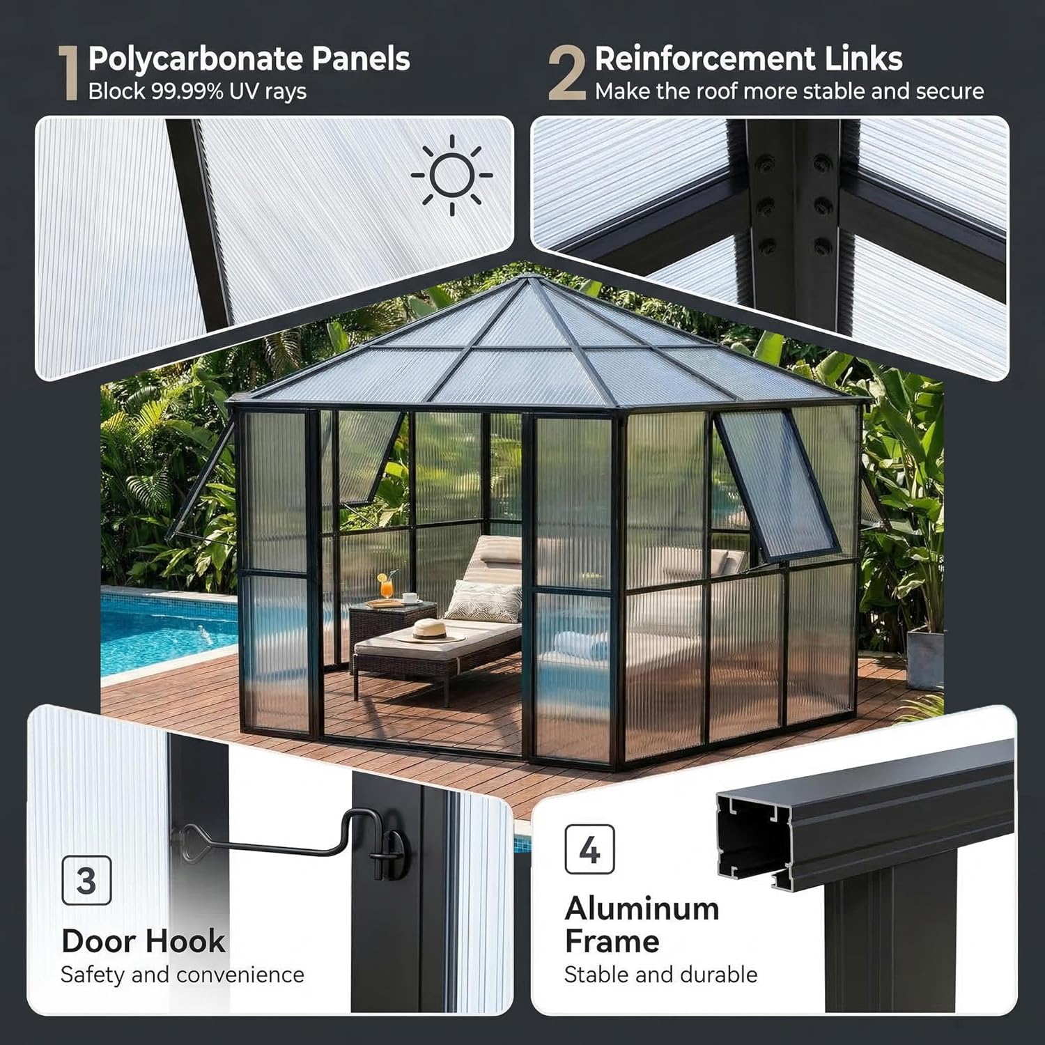 12x10x8 FT Polycarbonate Greenhouse for Outdoors, Hexagon Heavy Duty Walk-in Greenhouse with Aluminum Frame, Lockable Door & Adjustable Vent, for Backyard Garden, Outside Garden Backyard, Patio