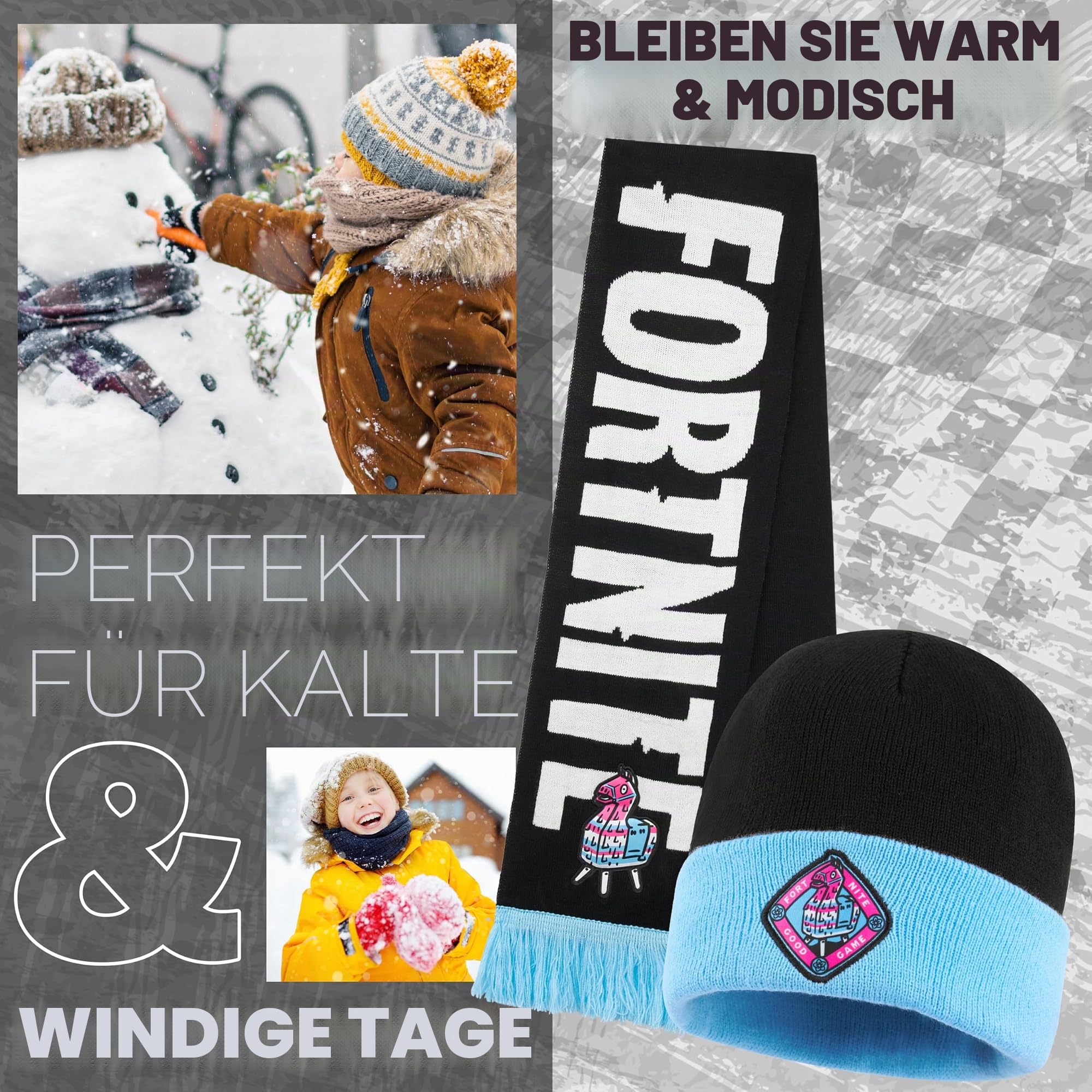 Fortnite Mütze Kinder Handschuhe Schal Set, 3-in-1 Beanie Jungen, Weich & Warm, Lizenziert, Gamer Geschenke für Jungs