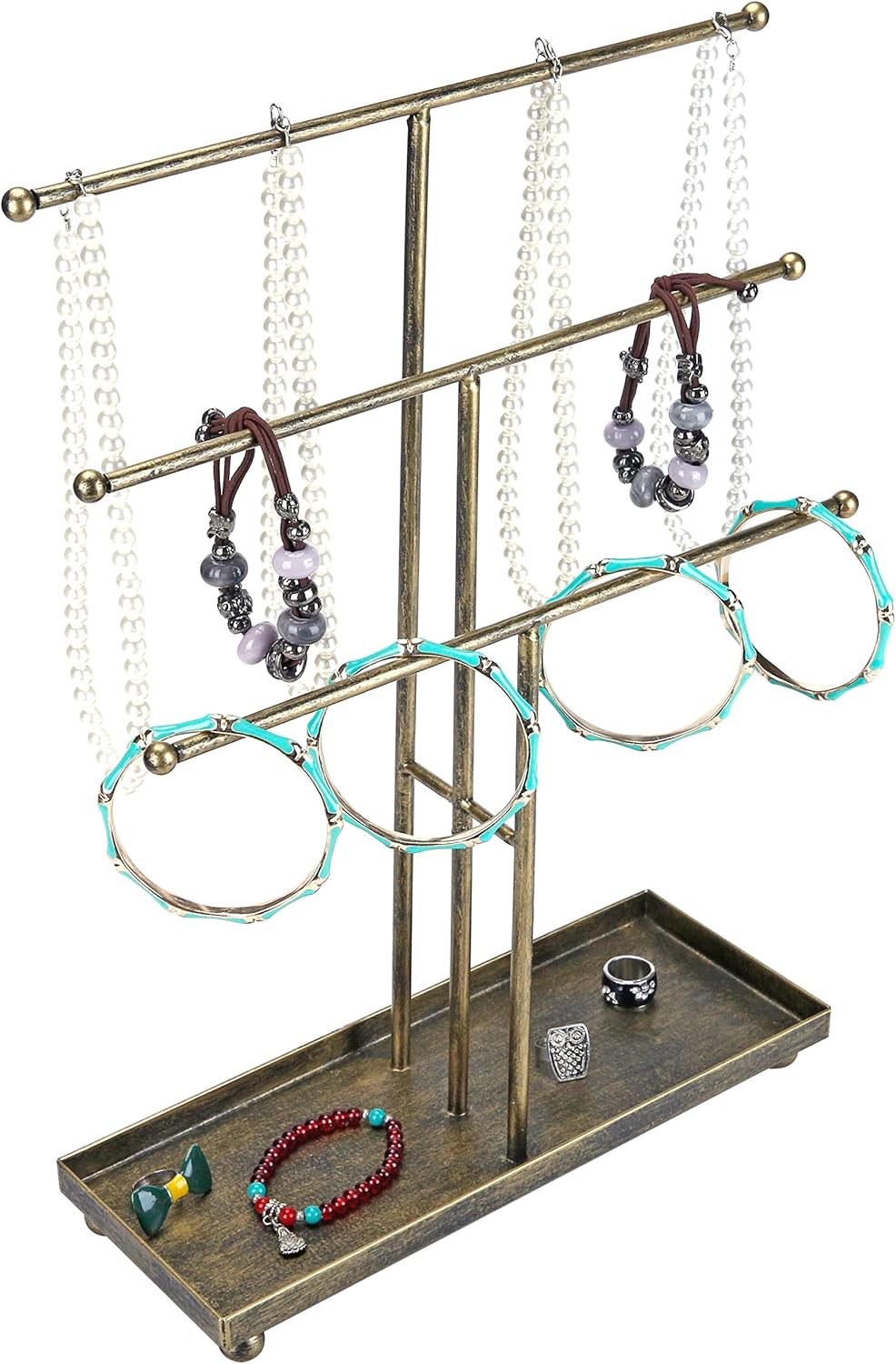 MyGift Modern Jewelry Organizer, 3 Tier Brass Metal Tabletop Bracelet and Necklace Jewelry Storage Display Tree Rack with Base Ring Tray