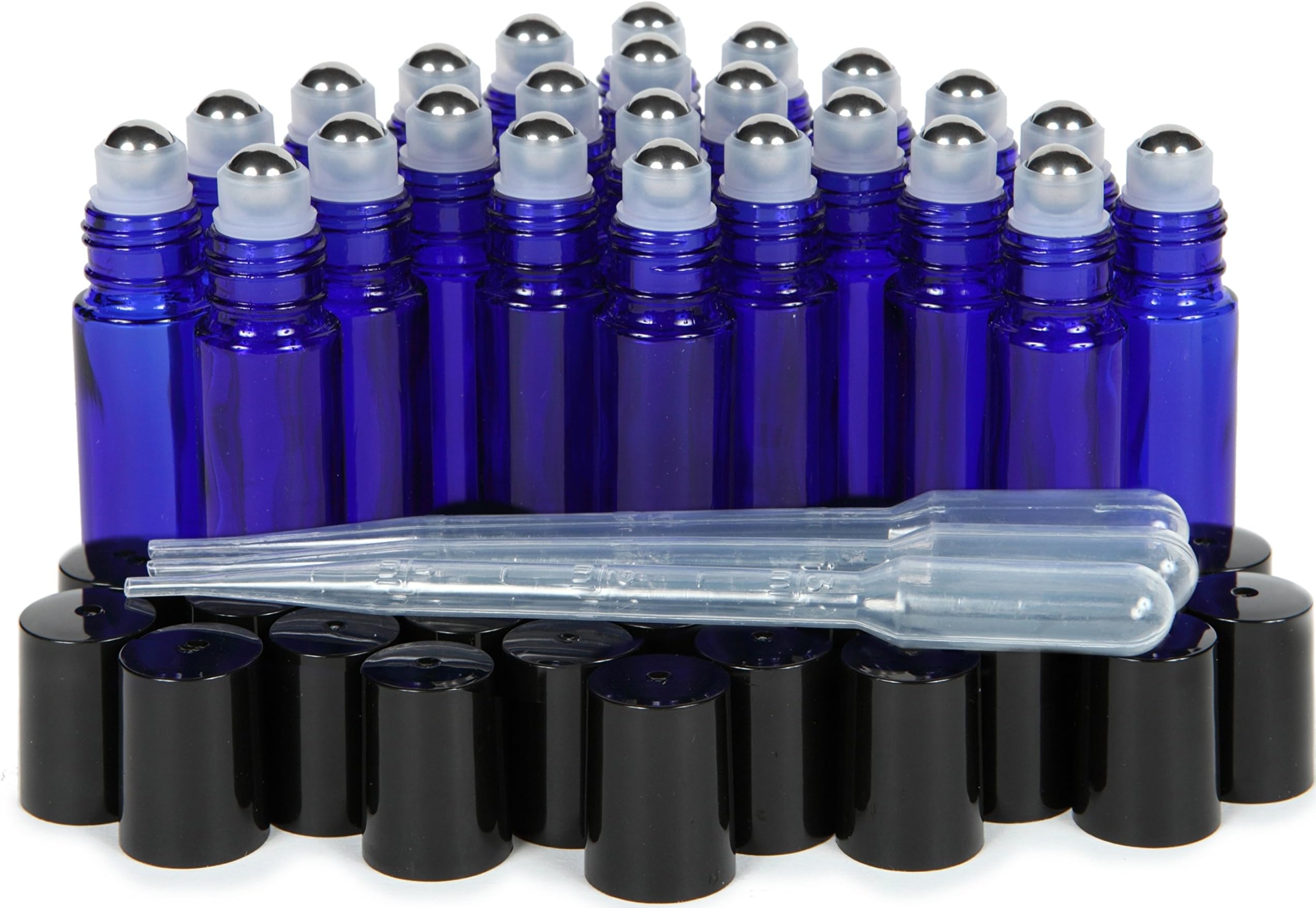 24, Cobalt Blue, 10 ml Glass Roll-on Bottles with Stainless Steel Roller Balls. 3-3 ml Droppers included