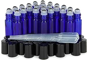 Vivaplex, 24, Cobalt Blue, 10 ml Glass Roll-on Bottles with Stainless Steel Roller Balls. 3-3 ml Droppers included