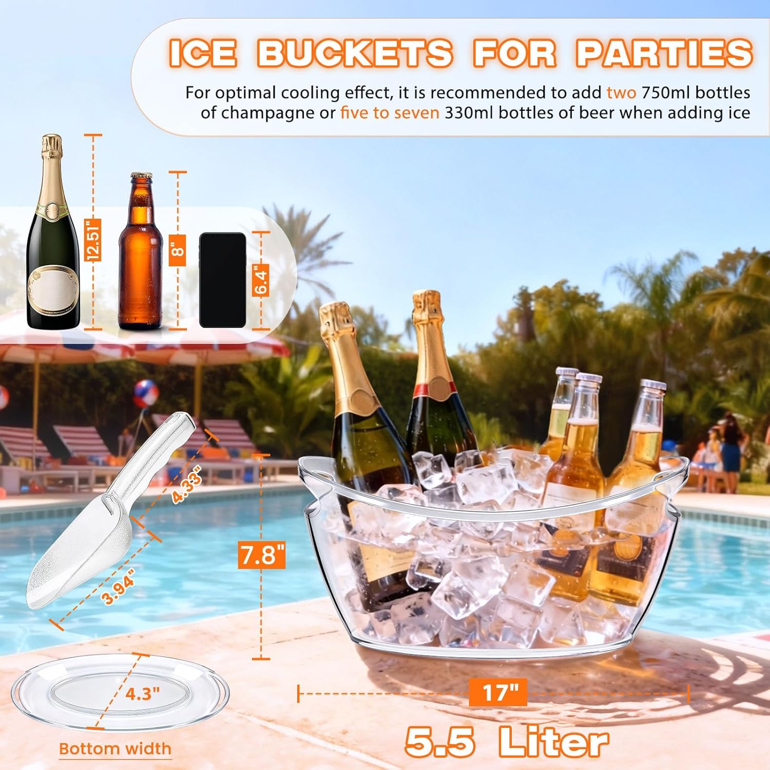 Ice Bucket 2 Pcs, Clear Acrylic Ice Buckets for Parties, Plastic Beverage Tub & Champagne Bucket for Mimosa Bar Supplies, 5.5L Buckets Tub for Drinks Beer Cocktails Sparkling Wine, 17 * 7.8 inch