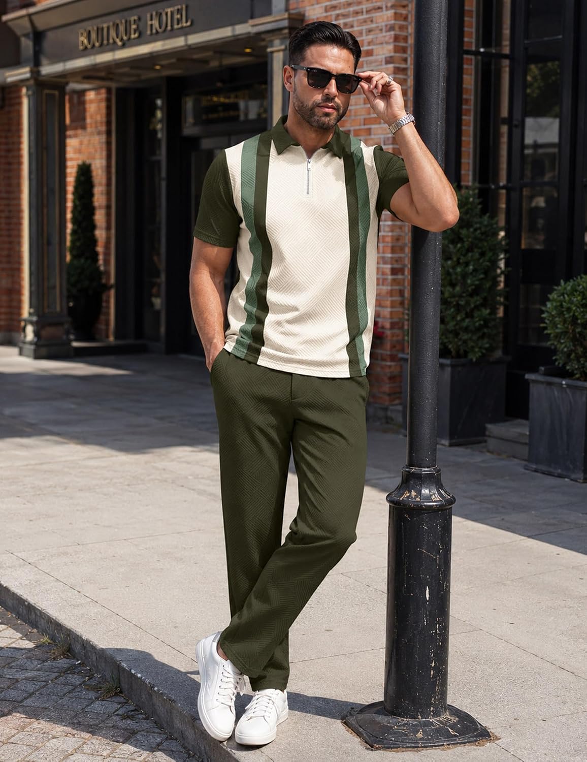 UOUA Men's 2 Piece 1/4 Zip Polo Tracksuit Set Casual Jogger Pants Loungewear