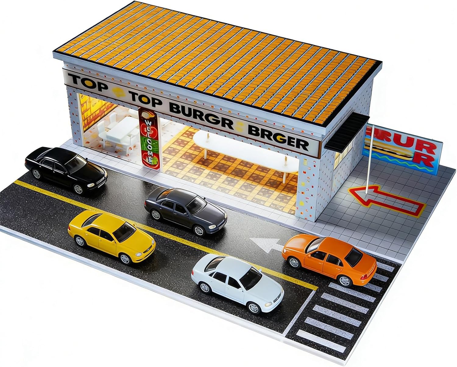 1/64 Model Car Display Shop Case for Adults, Premium in-House-Design Scale Diecast Parking Garage for Toy Cars, Toys Car Garage, Scenic Diorama Display Car Park with ith LED Lamps, Gifts for Men