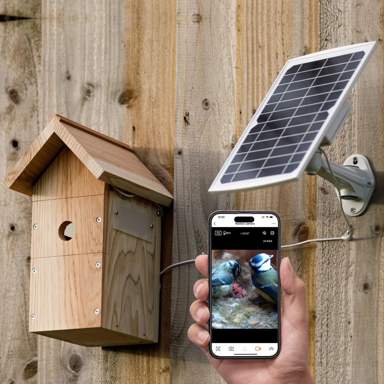 Solar Powered Birdhouse with Camera - 1296p HD Battery WiFi Camera Bird Box | No Need for External Power | Outdoor Nesting Box for Garden Birds | Birdhouses Mount to Tree, Fence or Houses - by NESTERA