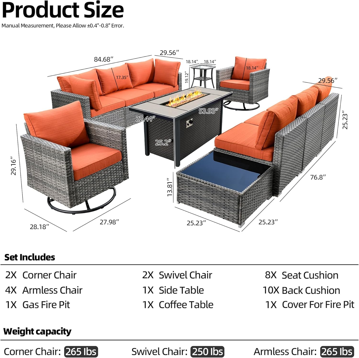 CAODOC 11 Piece Outdoor Patio Furniture Set with 53" Fire Pit Table, Wicker Sectional Conversation Set Whit Swivel Chairs,Modern Outside Sofa for Balcony Backyard(Red)