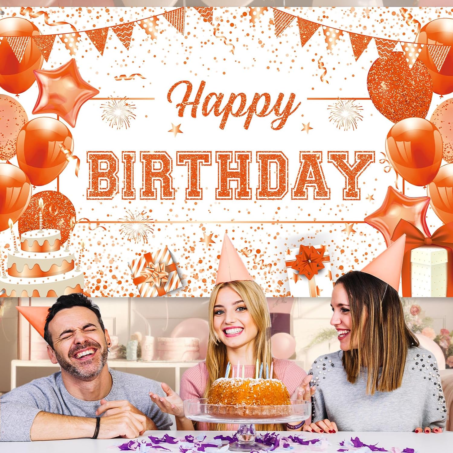 Large Orange Happy Birthday Banner Backdrop Orange and White Birthday Decorations for Women Girls Fall Harvest Thanksgiving Christmas Bday Baby Shower Party Supplies 70.9 x 43.3 Inch