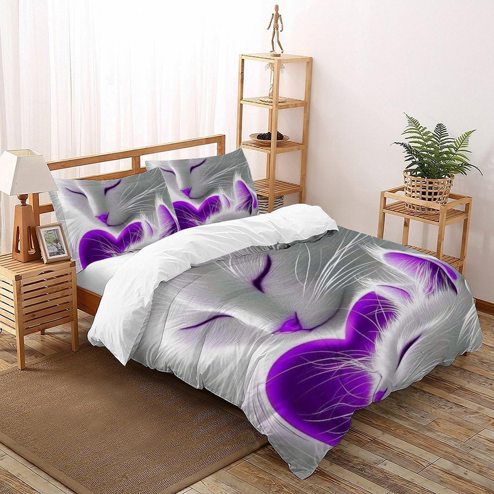 Parure 3 pièces chats pour lit double en coton blanc et violet 200x200cm avec 2 taies d'oreiller