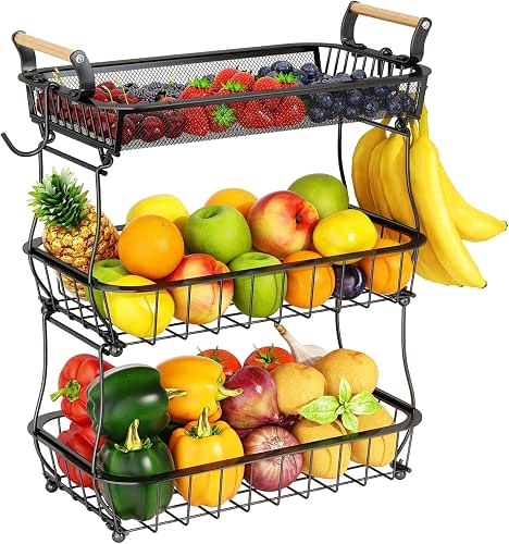 Obstkorb mit 3 Ebenen und 2 Bananen-Aufhängern für Küchenarbeitsplatte, Gemüse-Arbeitsplatte,
