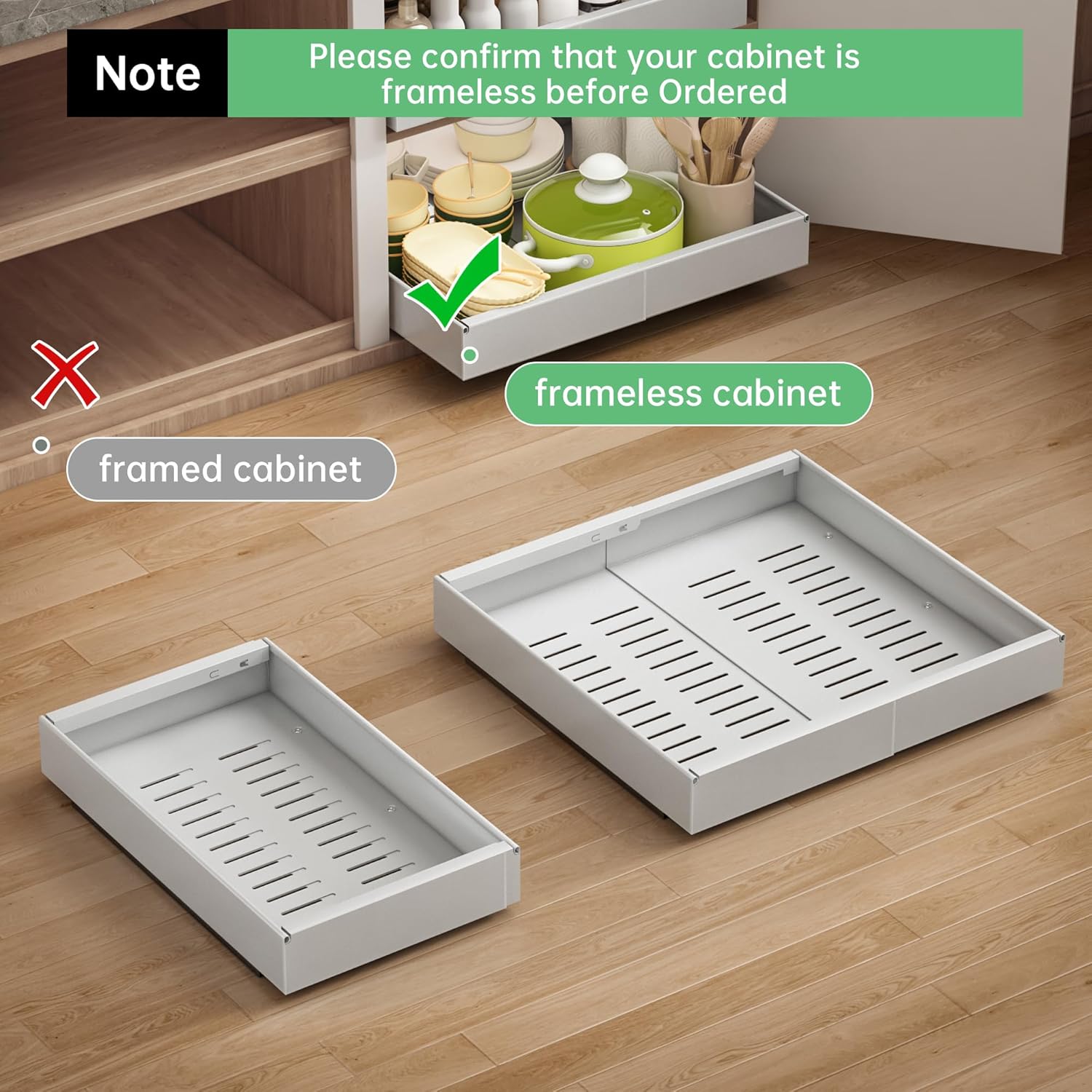 Pull out Cabinet Organizer, 1 pack, 16.5" Deep Heavy Slide out Drawers, Upgrade Three Triple-Slide Rail Systems, Expandable 12.8"-20.8" Roll out Shelf Storage for Kitchen Base Cabinet Organization