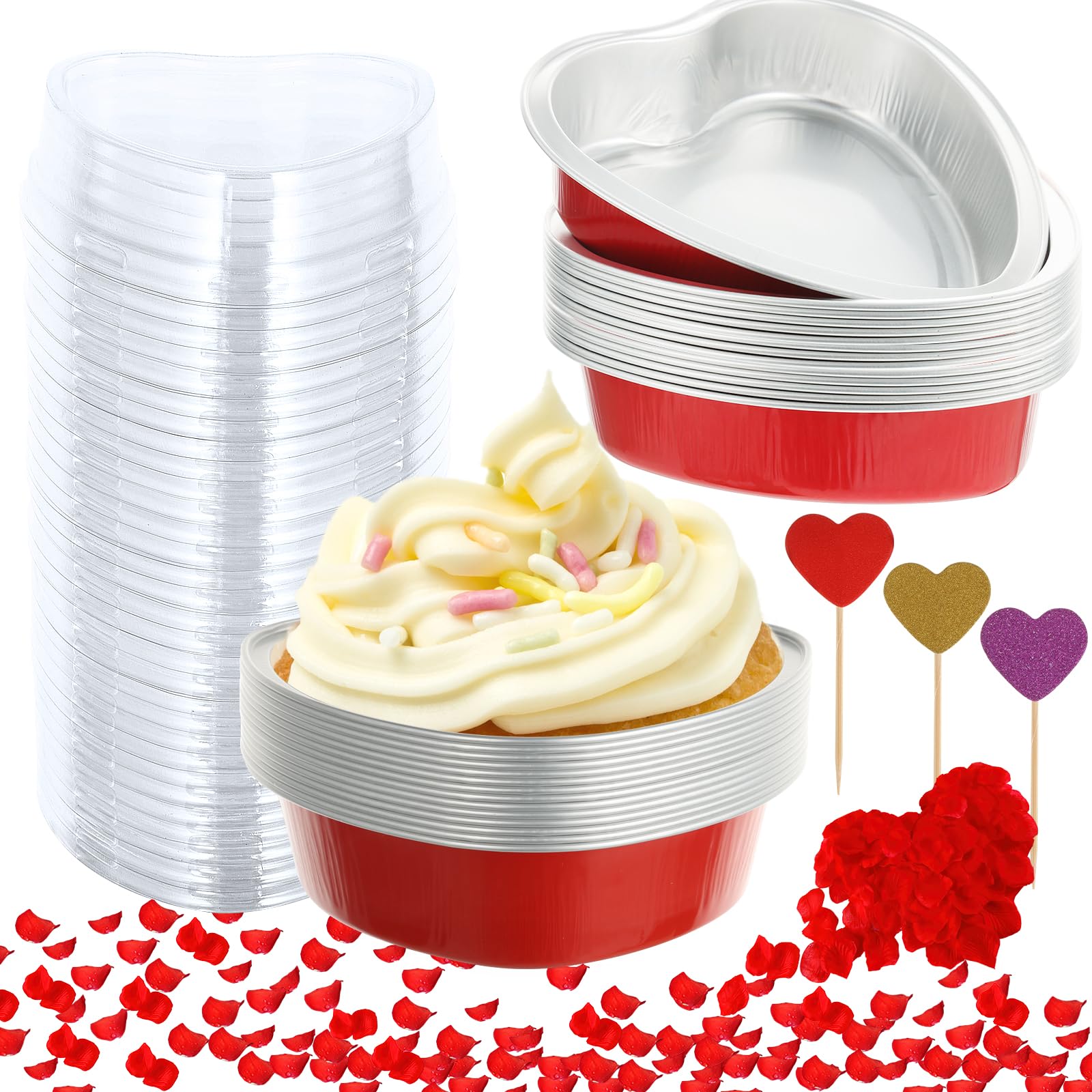 CIEOVO 28 Pack Heart Shaped Cake Pans with Spoons Baking Kit, 255ml/8.7oz Disposable Red Cake Pans with Lids Aluminum Heart Cake Pans for Valentine's Day Mother's Day Wedding Bridal Shower Baking