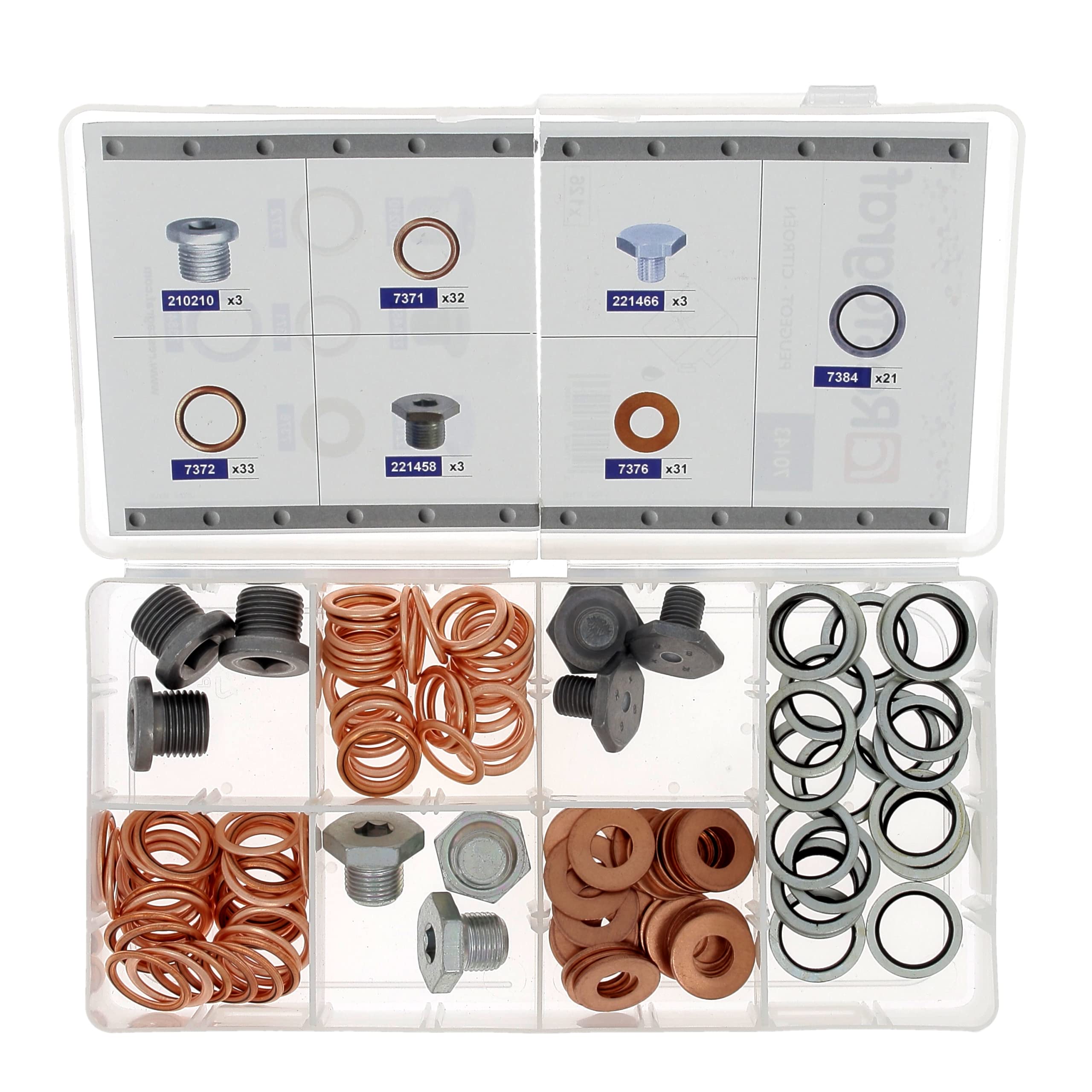 Restagraf - Coffret de Bouchons et Joints de Vidange Constructeur Compatible avec Citroën-Peugeot - Assortiment Atelier - Idéal Interventions Courantes - Réf. 70143 - Coffret de 126 pcs