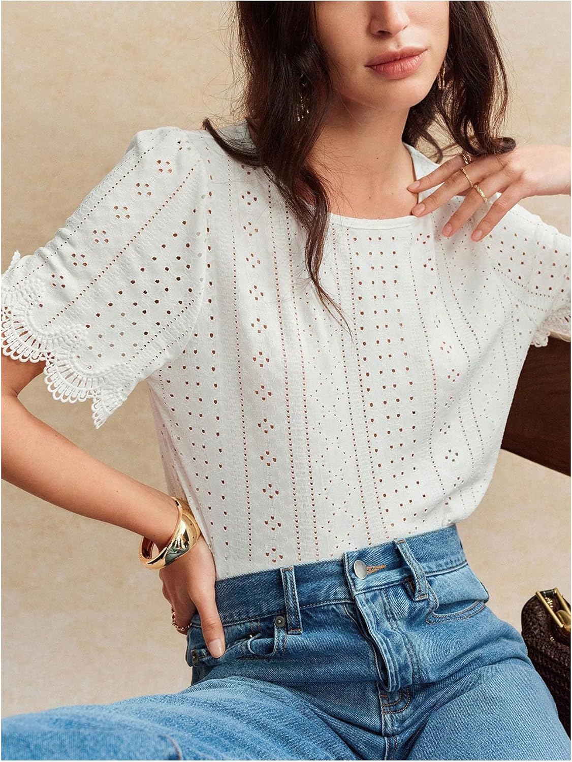 SweatyRocks Women's Crewneck Eyelet Tops Casual Lace Contrast Blouses Short Sleeve Tops - Image 4