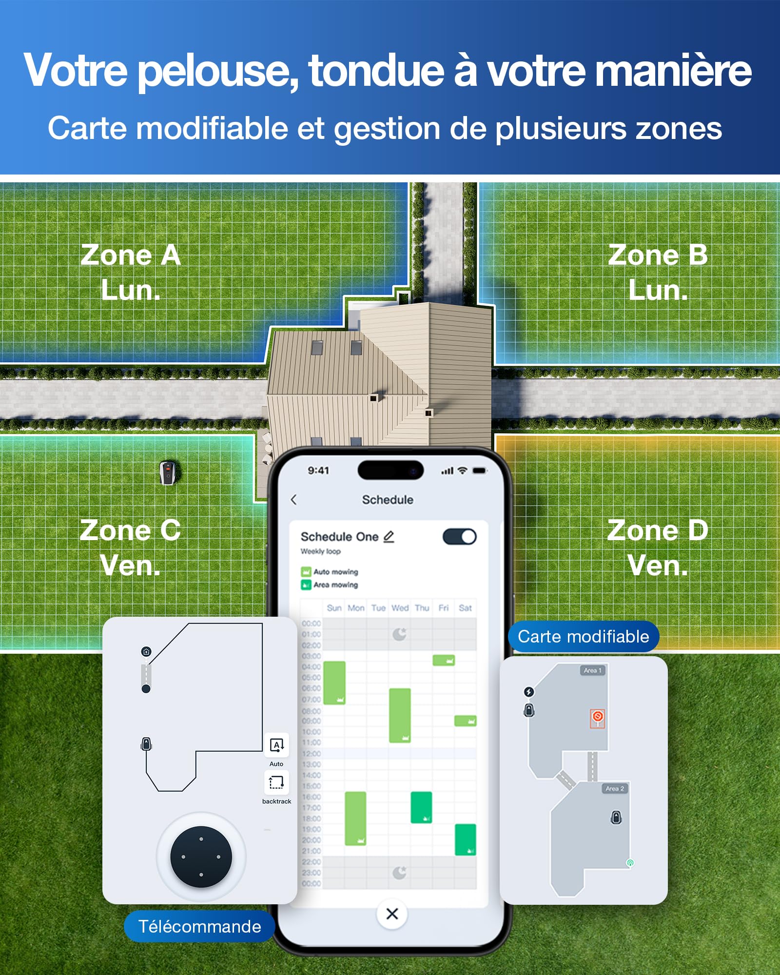 ECOVACS Robot Tondeuse sans Fil, 600 M², Navigation RTK+Vision, Robot Tondeuse, Évitement des Obstacles par IA, Contrôle par Application, Passe sur Zones Étroites de 0,7 Mètre (O600 RTK Care Kit)