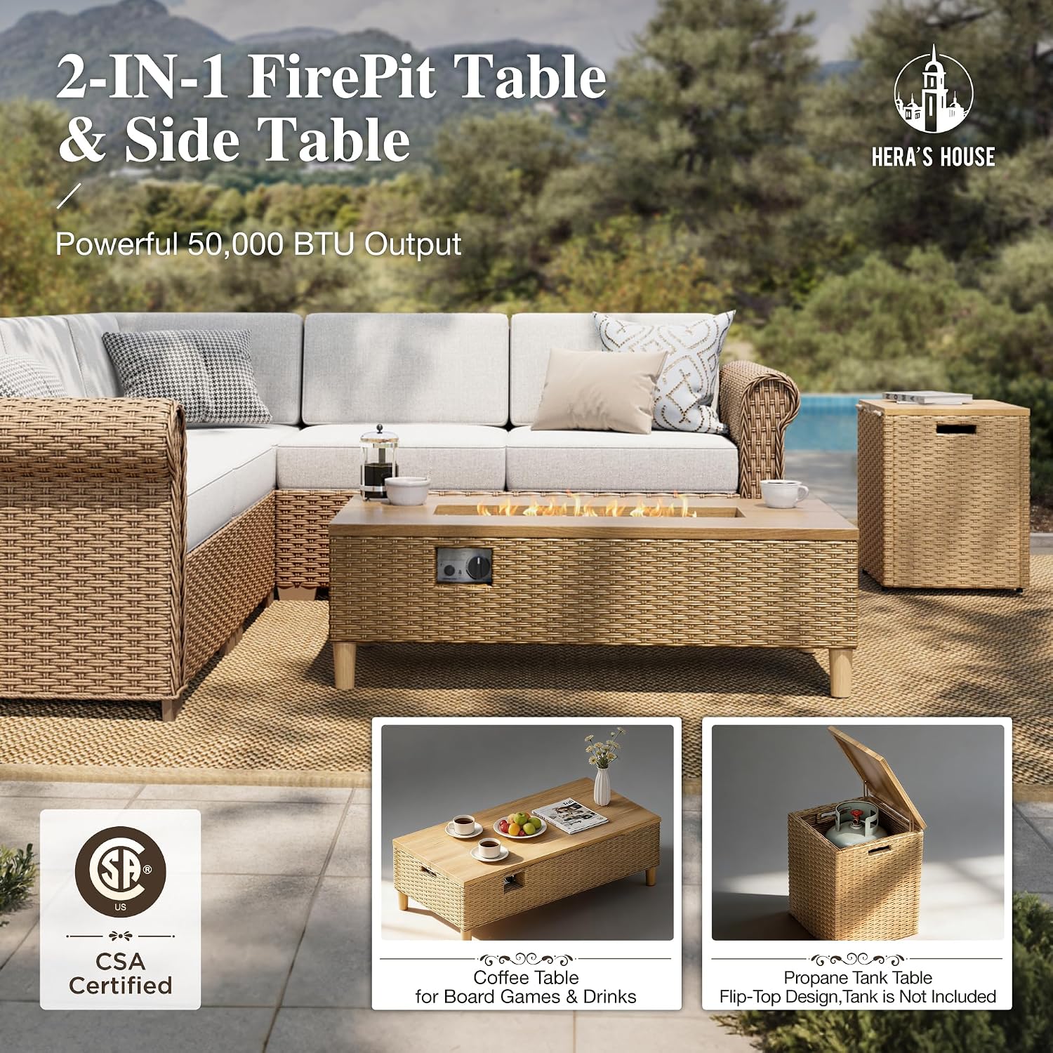 HERA'S HOUSE 7 Piece Patio Furniture Set, Outdoor Sectional Wicker Sofa with Fire Pit Table, 5.5" Thick Waterproof Cushion All Weather 5 Seats Modular Conversation Set for Garden Deck Backyard