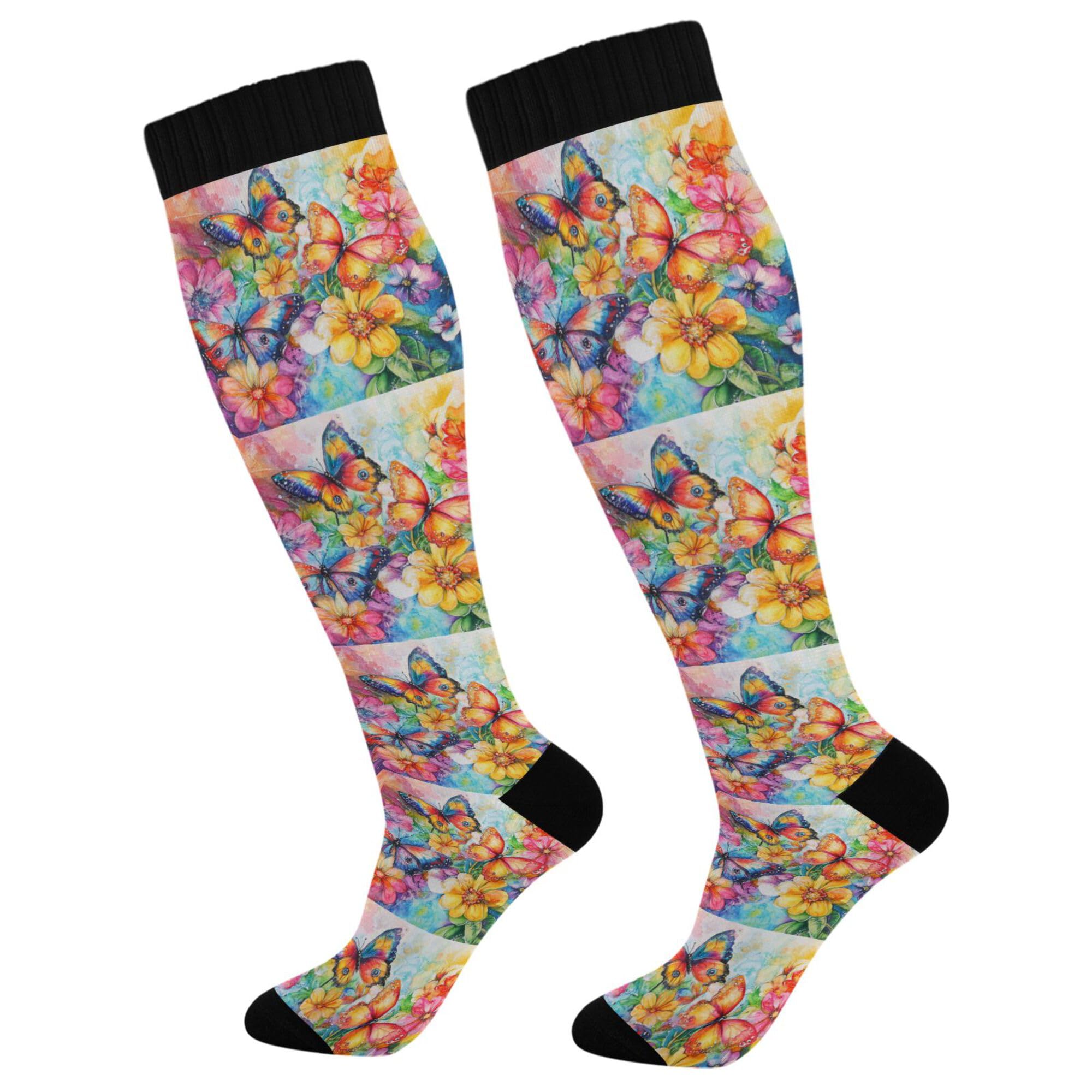 Caihoyu Softball Socks For Women & Men Support for Nurses,Running,Athletic,Travel Vivid Color Flowers Butterflies