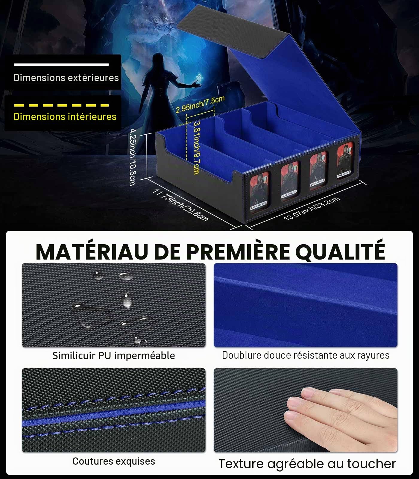 MoKo Boîte de Rangement pour Cartes à Collectionner, 3000+ Cartes MTG avec 24 Séparateurs & 4 Supports de Carte, Étui de Cartes avec Fenêtre d'Affichage pour Carte de Jeu Magiques, YugiOh, Noir+Bleu
