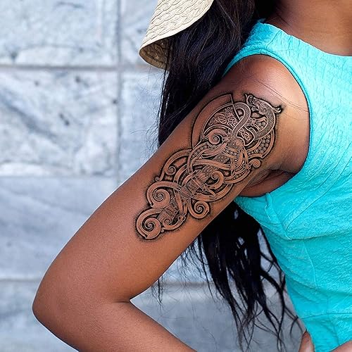 Miniatura 4 de 2 tatuajes temporales, hacha vikinga, dragón nórdico, palo negro, tribal, bárbaro, celta, guerrero en cuerpo, calcomanías de transferencia de brazos