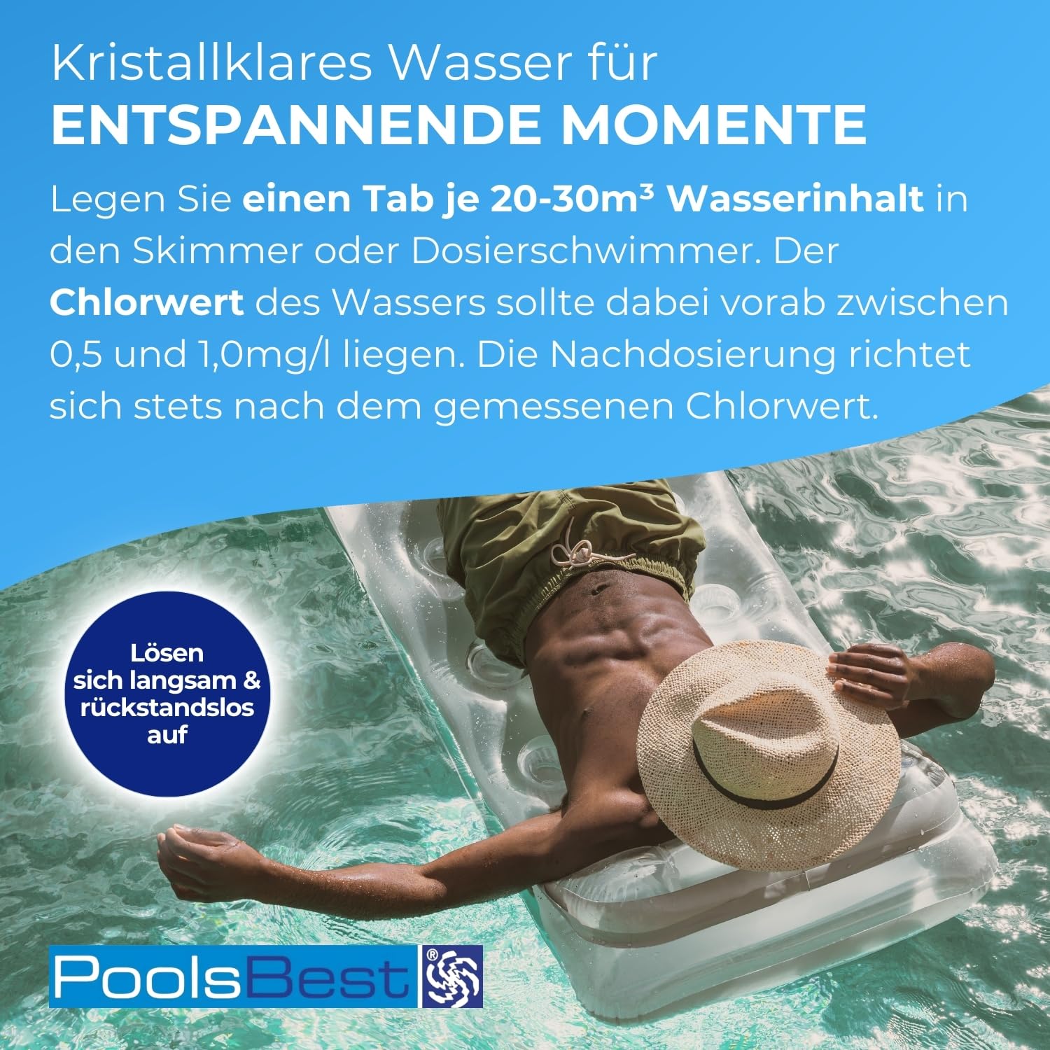 PoolsBest 1kg Chlor L 200g I langsamlösliche Chlortabletten für Pool I hochwertige Poolpflege Chlortabs I Langzeit Tabs mit 92% Aktivchlor I Pool-Chlor-Tabletten zur Desinfektion