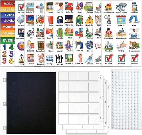 SchKIDules V-KIt - Horario visual portátil listo para carpetas para niños con tablero de 8.5 x 11 pulgadas y 150 iconos laminados más 21 encabezados