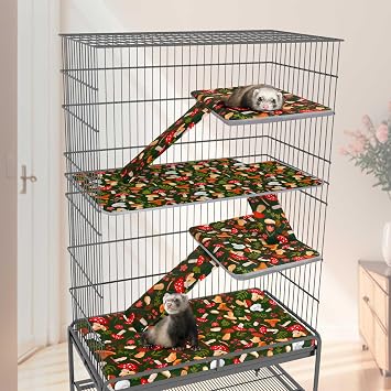 Bienbee Ferret Cage Liner Set for Ferret Nation & Critter Nation Cage, Waterproof Ferrets Cage Accessories for Small Animals Rats Chinchillas Hedgehogs Ferrets(Green Mushroom, Double Unit Combo)