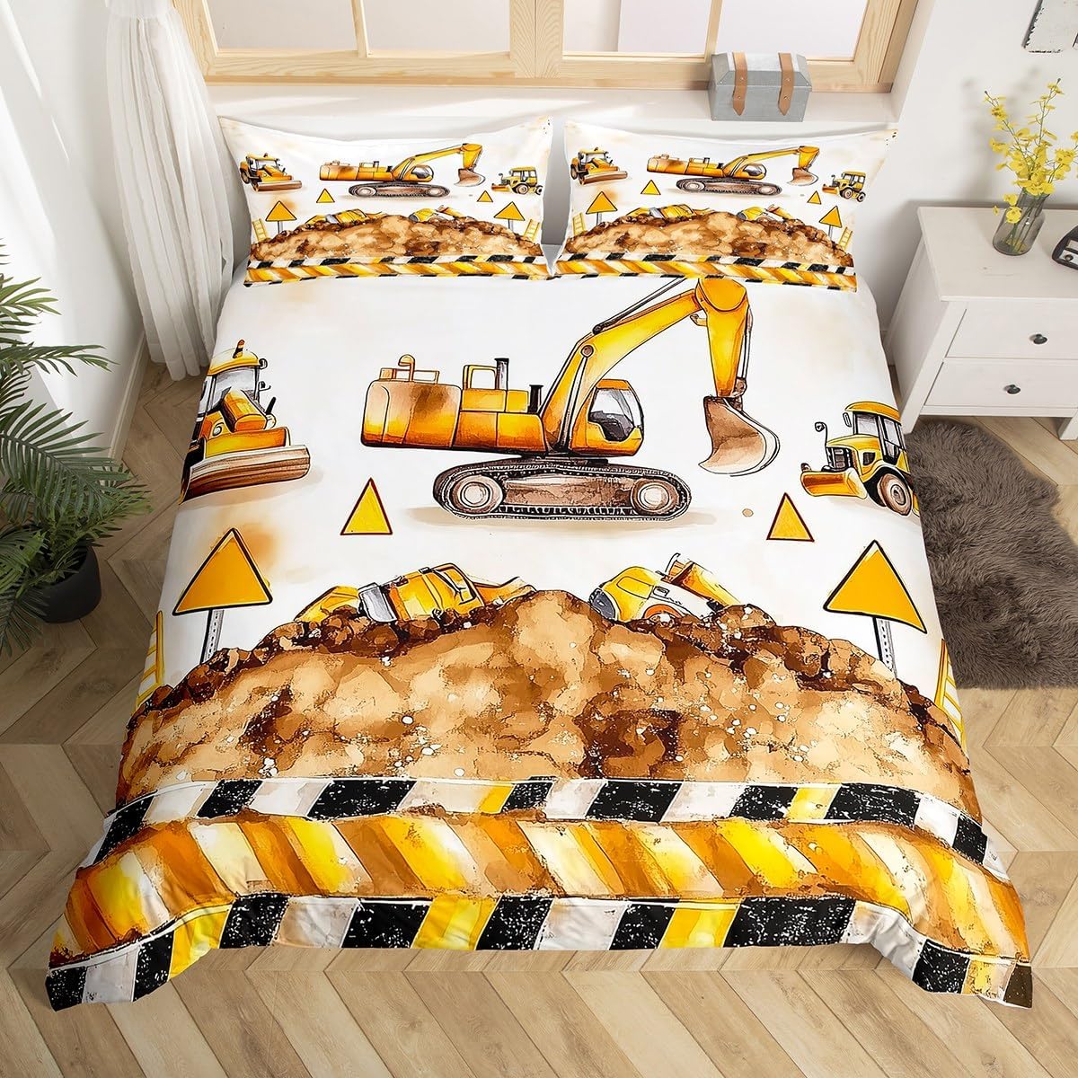 jejeloiu Excavator Duvet Cover Toddler Size Kids Cartoon Car Road Comforter Cover Set Boys Girls Teens Construction Vehicles Bedding Set Breathable Equipment Trucks Bedspread Cover Tractor Quilt Cover