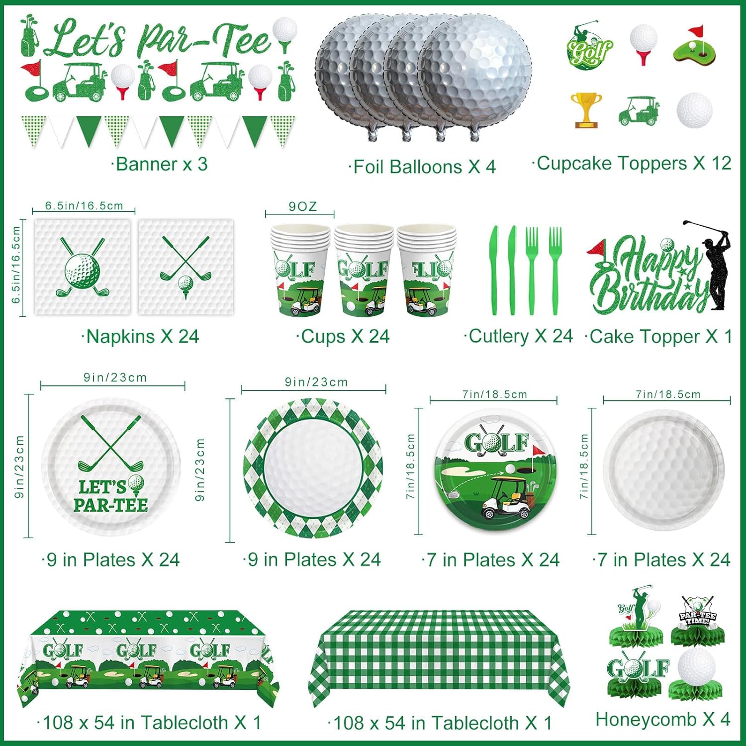 Golf Birthday Party Decorations Includes Plates, Napkins, Cups, Cutlery, Cake & Cupcake Toppers, Banner, Honeycomb Centerpieces, Tablecloths, Balloons for Golf Birthday Party Decorations, Serves 24