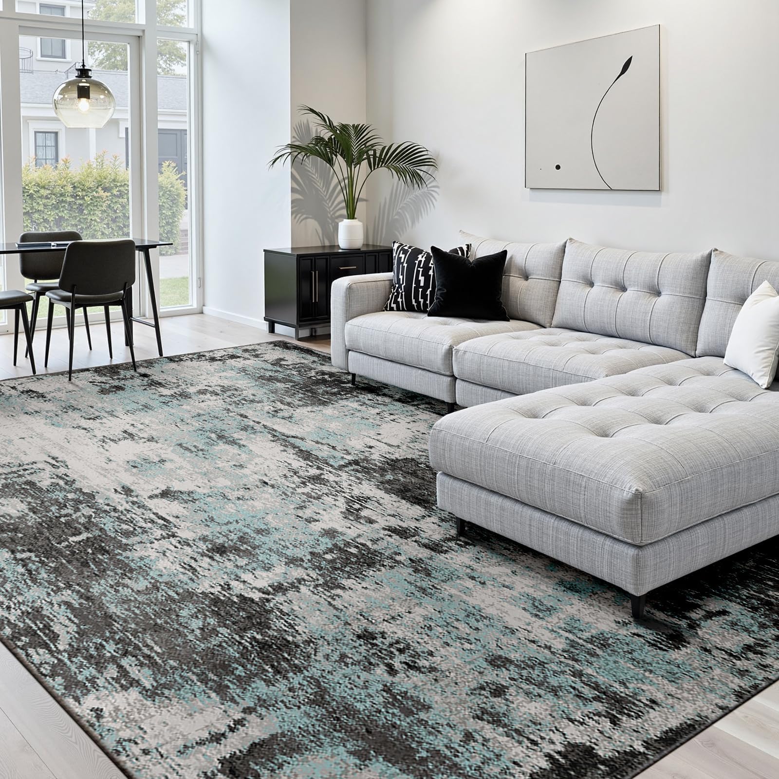 Modern Abstract Area Rug for Living Room, 240x300cm Washable Rugs for Bedroom and Dining Room, Non-Slip Soft Indoor Carpets Home Decor(Green/Black)
