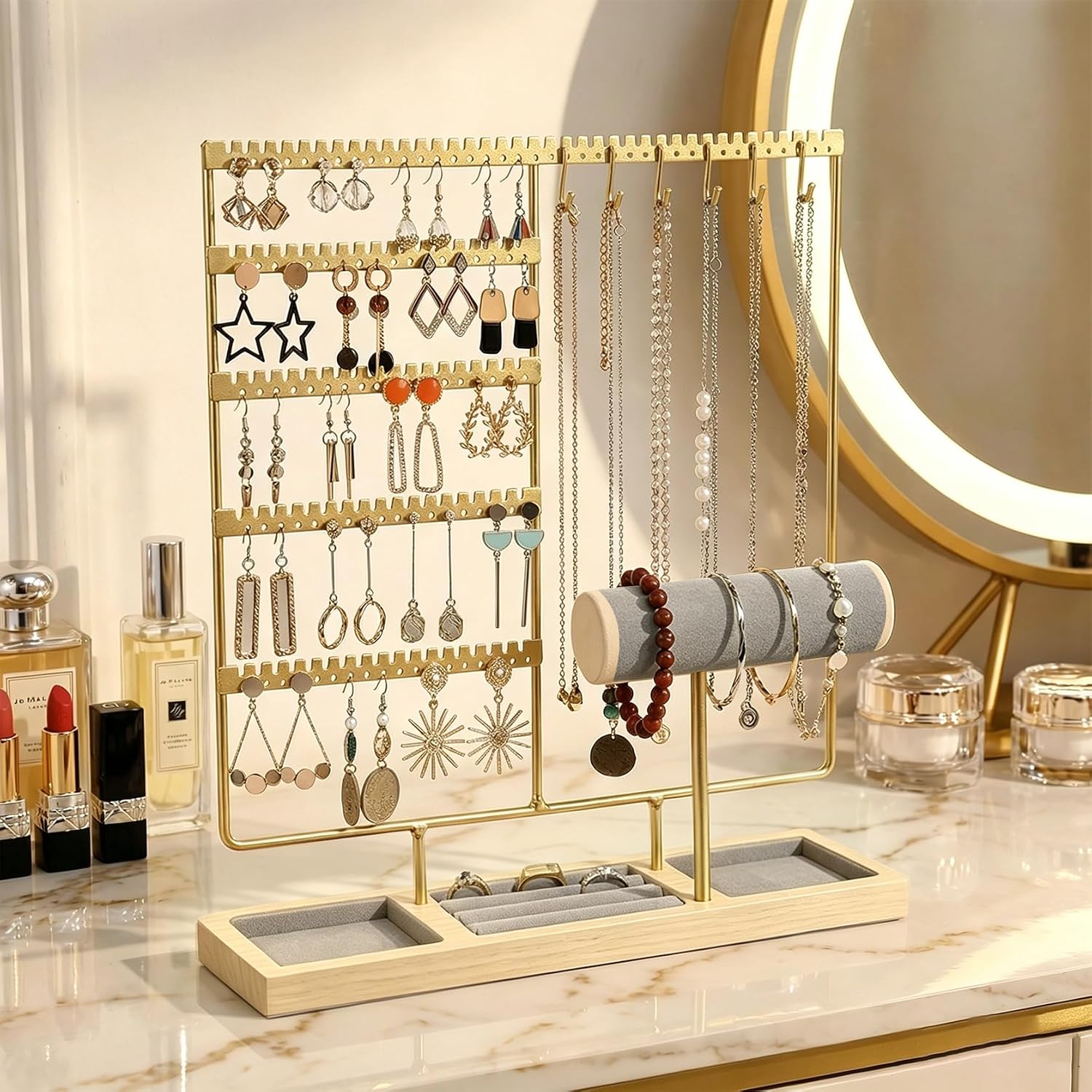 Jewelry Organizer Earring Holder Organizer,6 Tier Jewelry Holder Bracelet Holder Necklace Holder with 6 Hooks,Jewelry Stand for Bracelet, Necklaces, Earrings, Rings, Watches,Gold