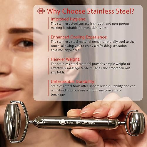 Miniatura 5 de Rena Chris Gua Sha - Juego de herramientas faciales y rodillos faciales, herramienta de guasha de metal y rodillo facial acero inoxidable de alta