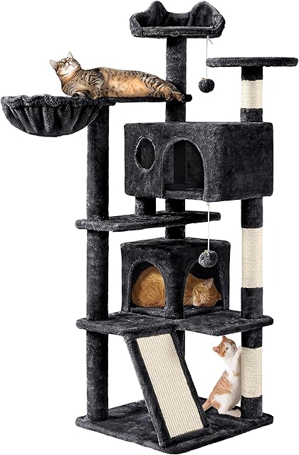Yaheetech 144.5cm Tall Cat Tree Tower Multi-Functional Play and Climbing Tree with Scratching Posts Cat Activity Centre, Black