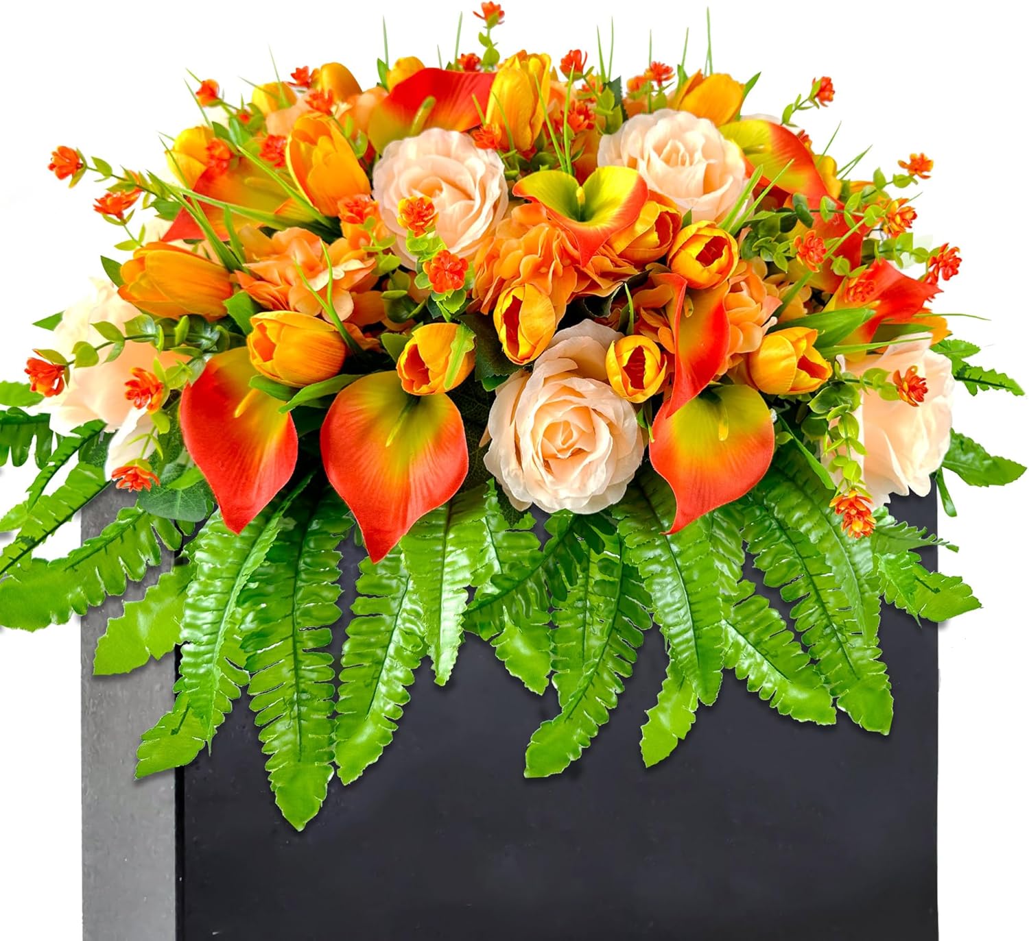 FLOWERIA Artificial Cemetery Flowers - Outdoor Grave Saddle for Headstone Decorations with Orange Roses Tulips
